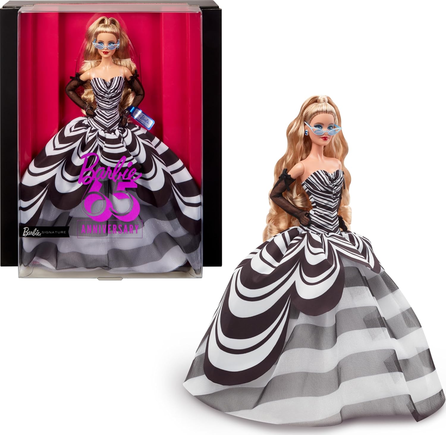 MUÑECA BARBIE SIGNATURE 65 ANIVERSARIO CABELLO RUBIO VESTIDO BLANCO Y NEGRO - 1