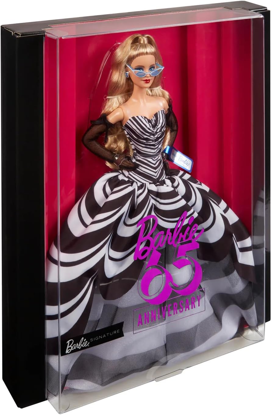 MUÑECA BARBIE SIGNATURE 65 ANIVERSARIO CABELLO RUBIO VESTIDO BLANCO Y NEGRO - 4