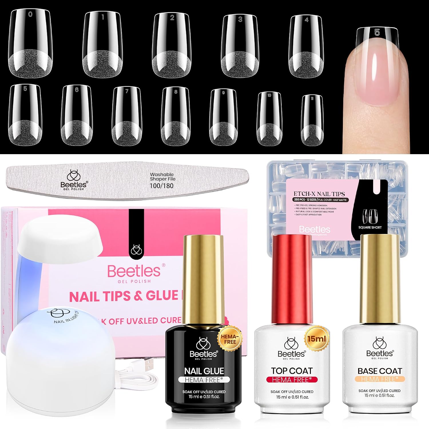 UÑAS POSTIZAS BEETLES GEL POLISH ETCH-X CUADRADAS CORTAS 288 PIEZAS 12 TAMAÑOS - 1