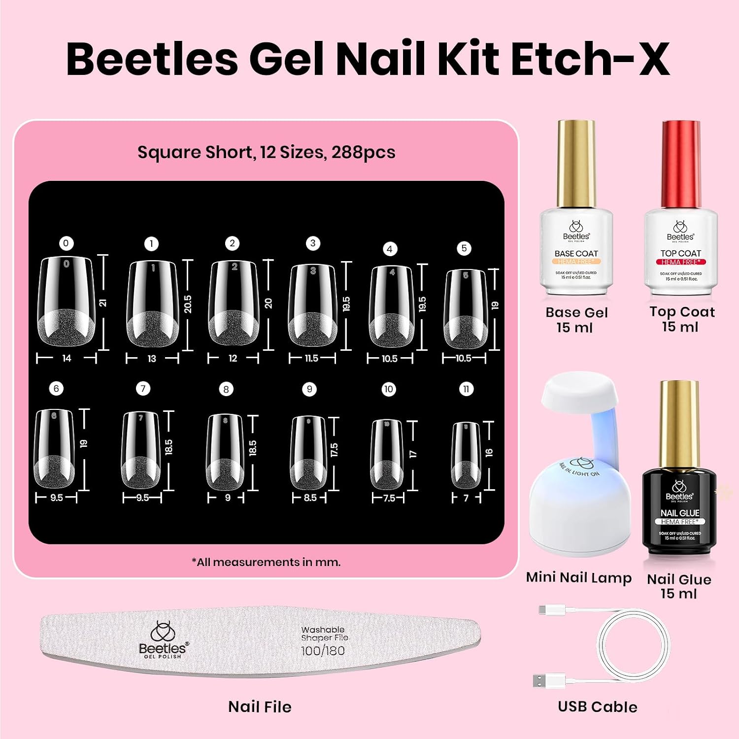 UÑAS POSTIZAS BEETLES GEL POLISH ETCH-X CUADRADAS CORTAS 288 PIEZAS 12 TAMAÑOS - 3