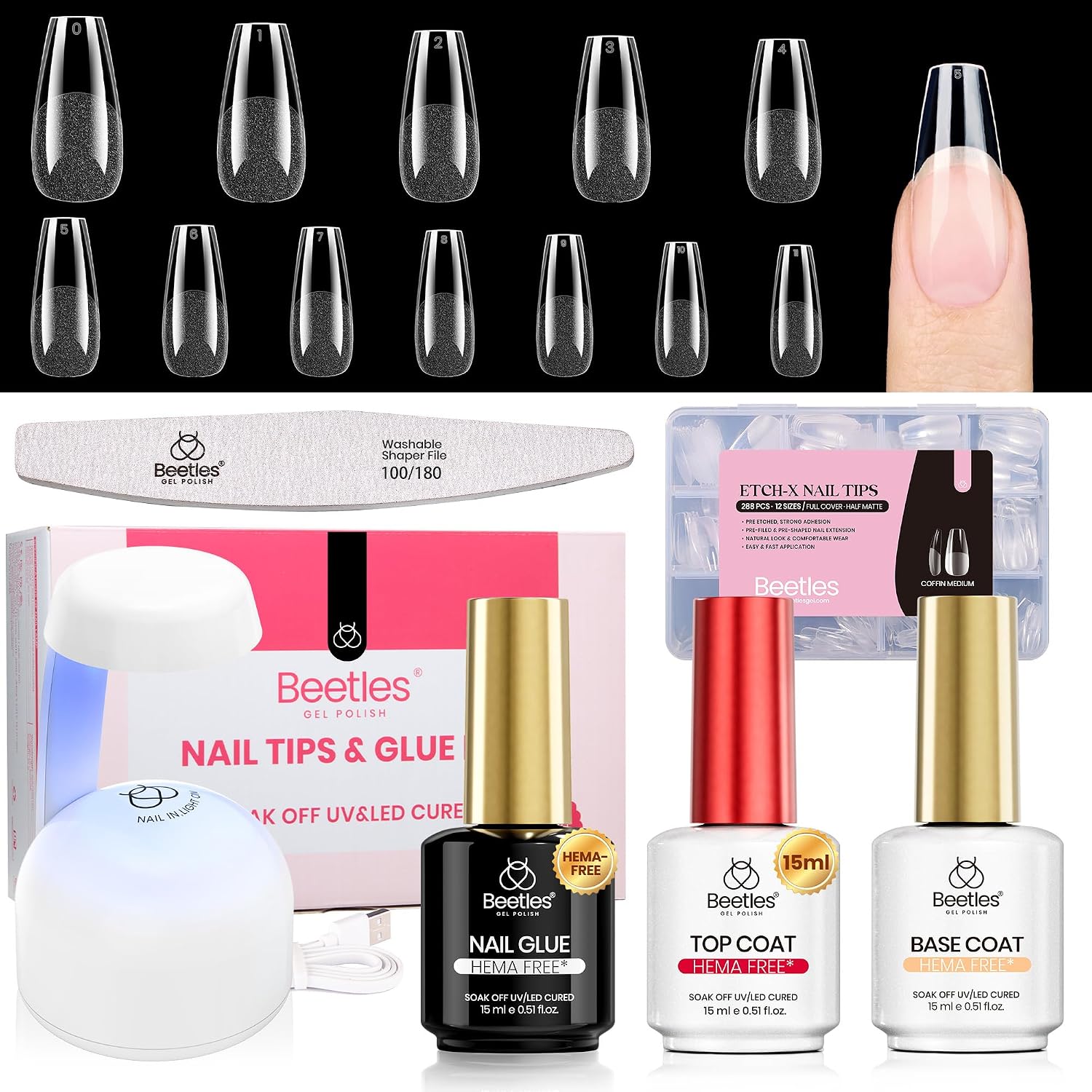 KIT DE UÑAS POSTIZAS BEETLES GEL POLISH ETCH-X COFFIN MEDIUM CON LÁMPARA MINI - 1
