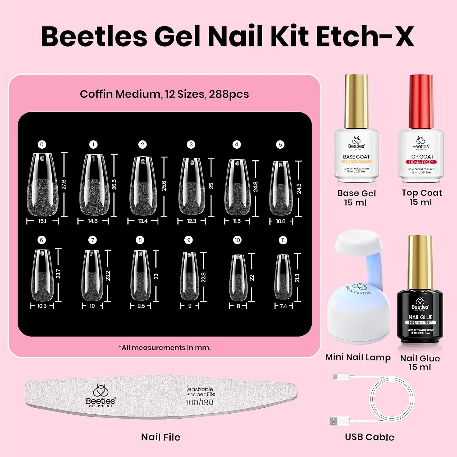 KIT DE UÑAS POSTIZAS BEETLES GEL POLISH ETCH-X COFFIN MEDIUM CON LÁMPARA MINI - 3