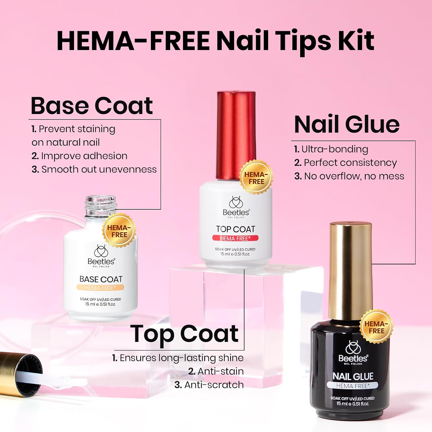 KIT DE UÑAS POSTIZAS BEETLES GEL POLISH ETCH-X COFFIN MEDIUM CON LÁMPARA MINI - 4