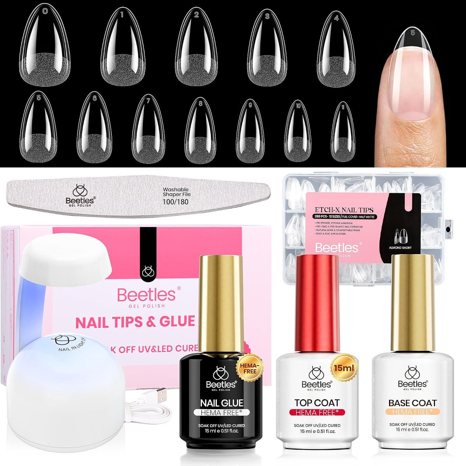 UÑAS POSTIZAS BEETLES GEL POLISH ETCH-X ALMENDRA CORTA 288 PIEZAS 12 TAMAÑOS - 1