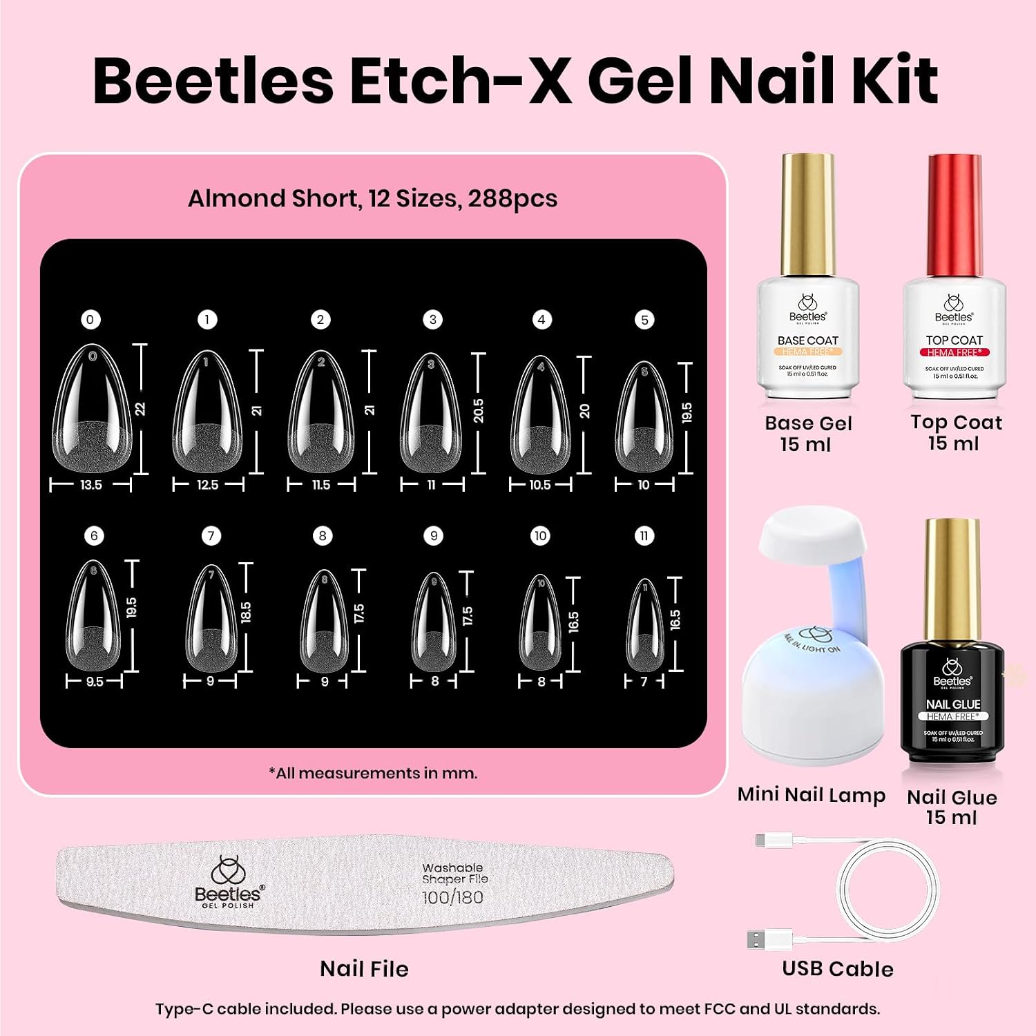 UÑAS POSTIZAS BEETLES GEL POLISH ETCH-X ALMENDRA CORTA 288 PIEZAS 12 TAMAÑOS - 3