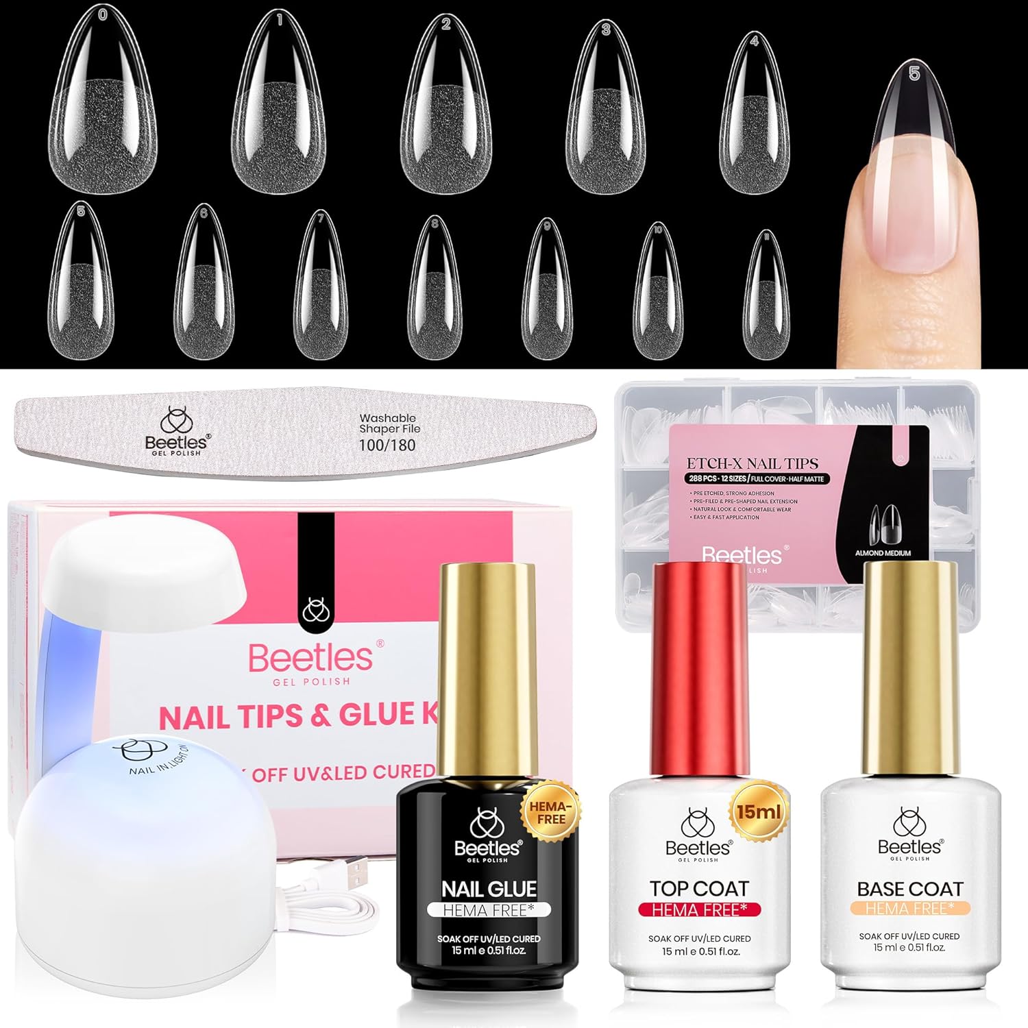 KIT DE UÑAS POSTIZAS BEETLES GEL POLISH ETCH-X ALMENDRA MEDIANO CON LÁMPARA MINI - 1