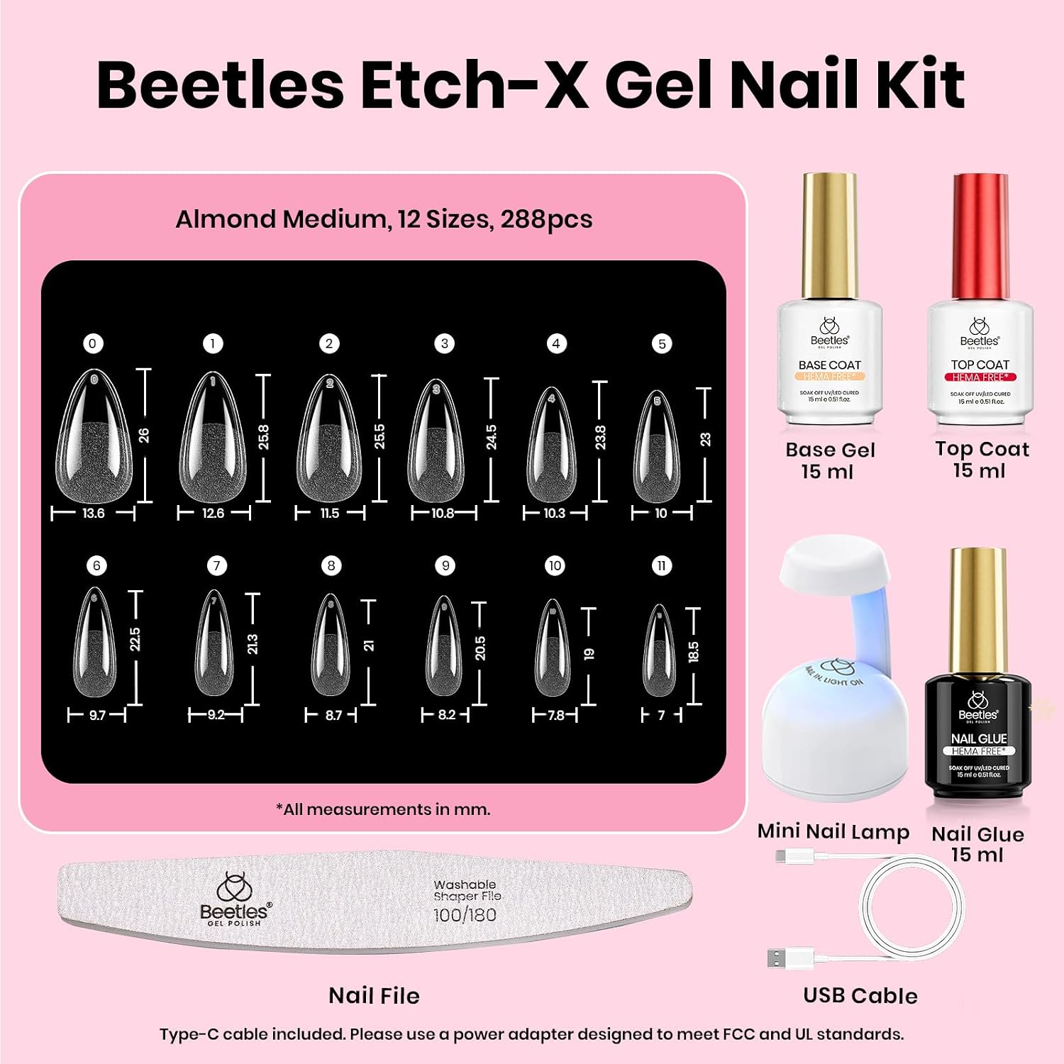 KIT DE UÑAS POSTIZAS BEETLES GEL POLISH ETCH-X ALMENDRA MEDIANO CON LÁMPARA MINI - 3