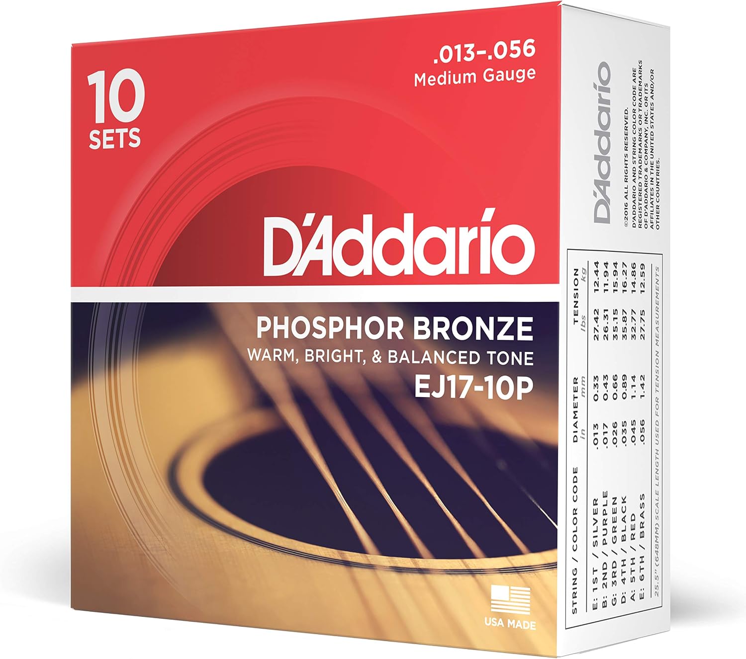 CUERDAS PARA GUITARRA ACÚSTICA D'ADDARIO EJ17-10P PHOSPHOR BRONZE 13-56, PACK 10 JUEGOS - 1