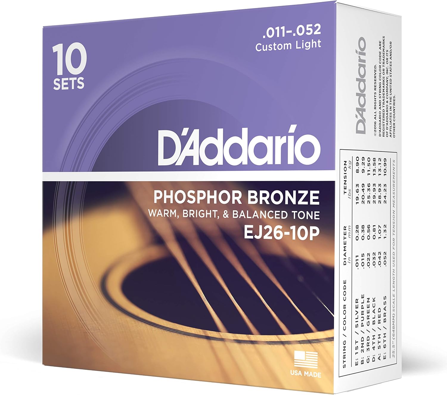 CUERDAS PARA GUITARRA ACÚSTICA D'ADDARIO EJ26-10P PHOSPHOR BRONZE 11-52, PACK 10 JUEGOS - 1