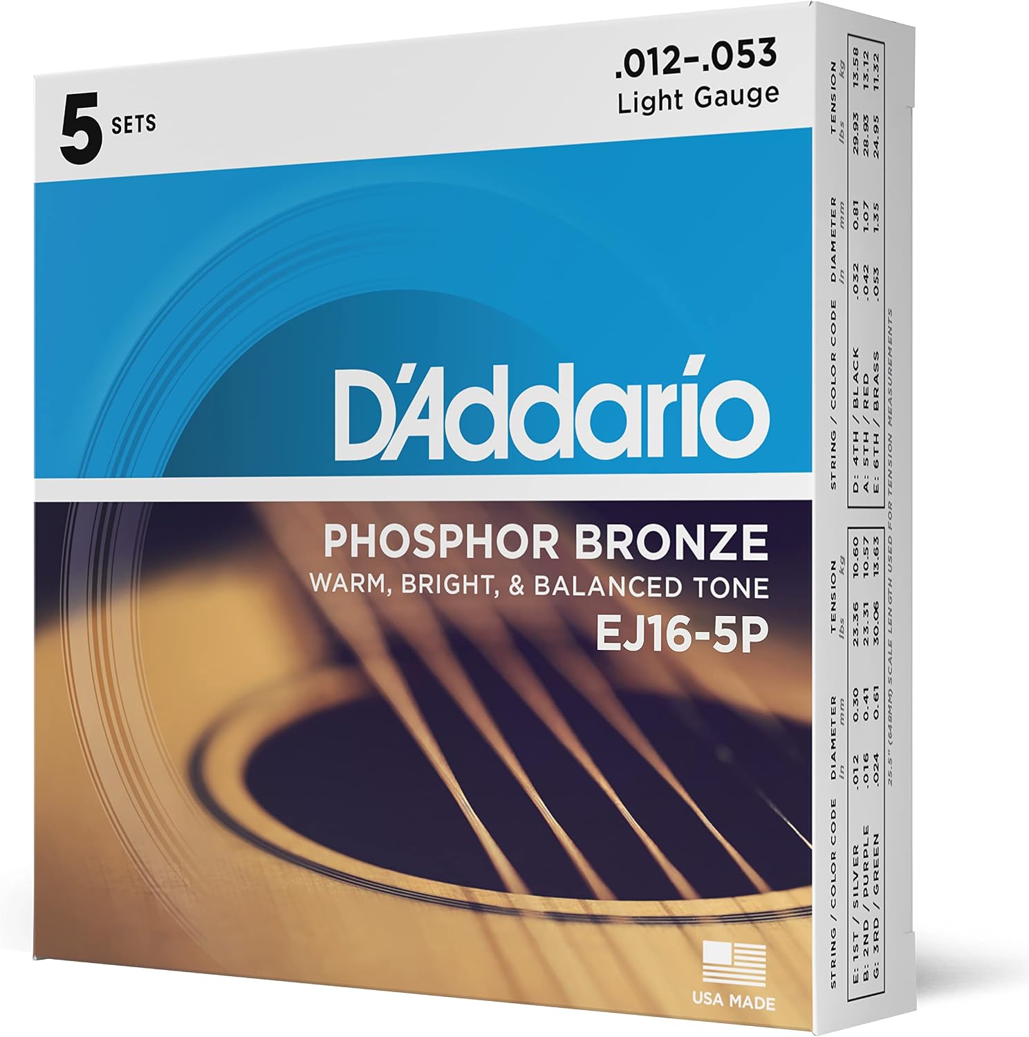JUEGO DE CUERDAS PARA GUITARRA ACÚSTICA D'ADDARIO EJ16-5P PHOSPHOR BRONZE 12-53, 5 SETS - 1