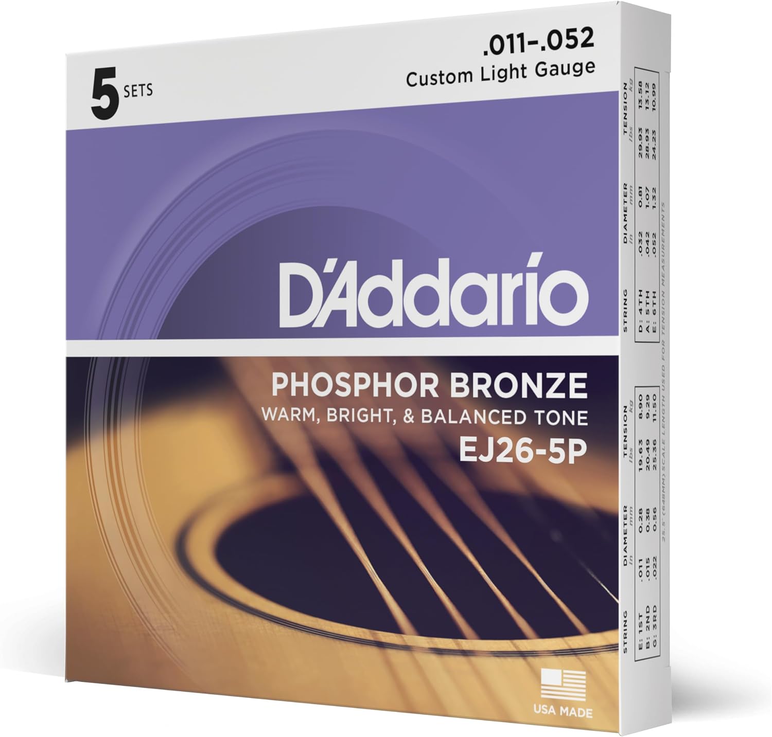 JUEGO DE CUERDAS PARA GUITARRA ACÚSTICA D'ADDARIO EJ26-5P PHOSPHOR BRONZE 11-52, 5 SETS - 1