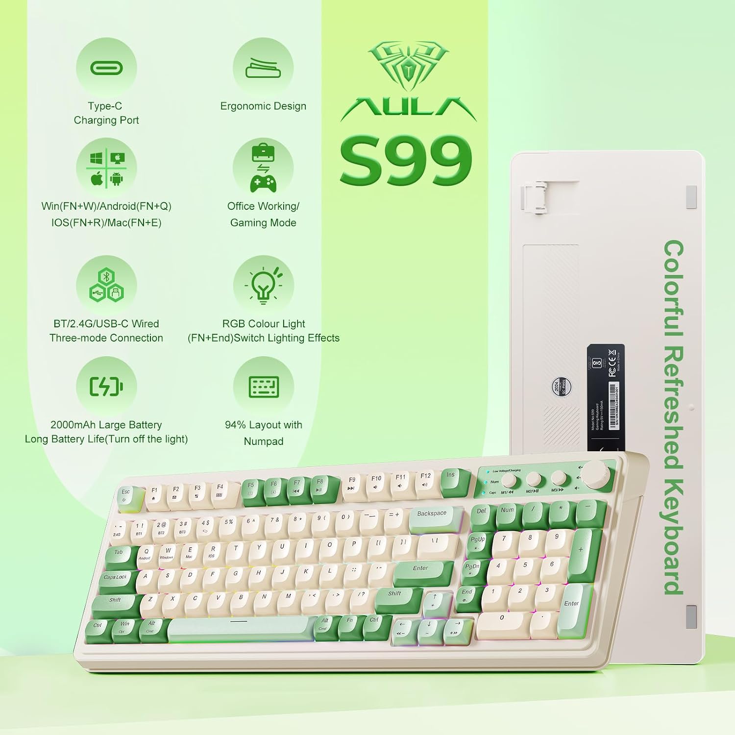 TECLADO GAMER AULA S99 INALÁMBRICO VERDE CREMA MEMBRANA - 2