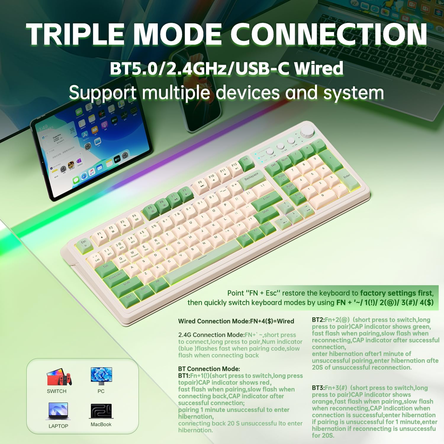 TECLADO GAMER AULA S99 INALÁMBRICO VERDE CREMA MEMBRANA - 3