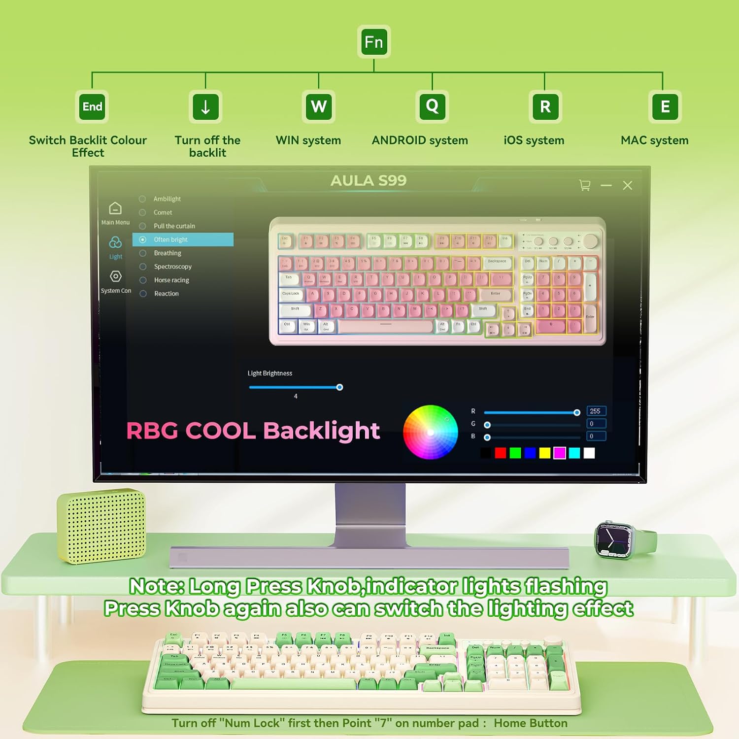 TECLADO GAMER AULA S99 INALÁMBRICO VERDE CREMA MEMBRANA - 4