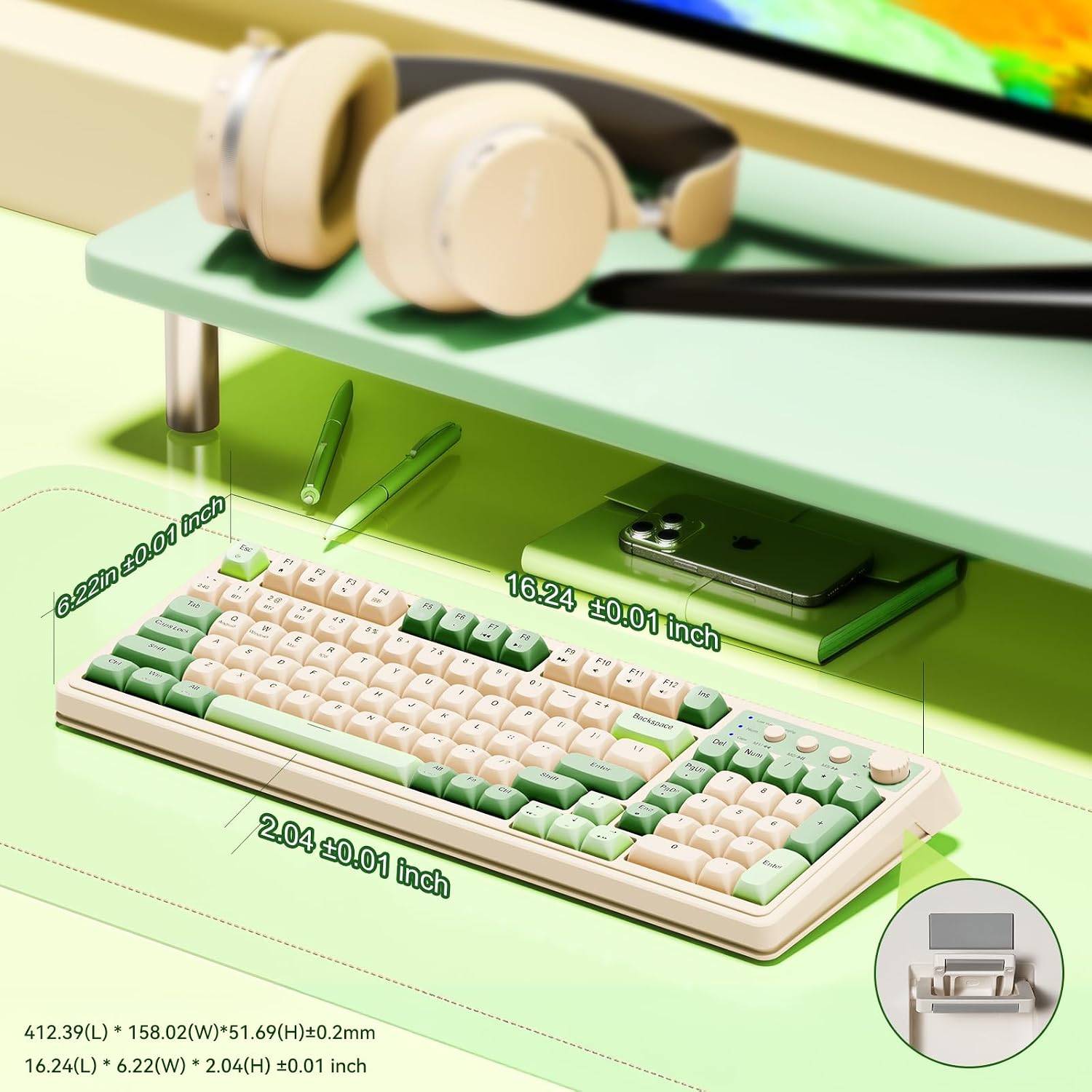 TECLADO GAMER AULA S99 INALÁMBRICO VERDE CREMA MEMBRANA - 5