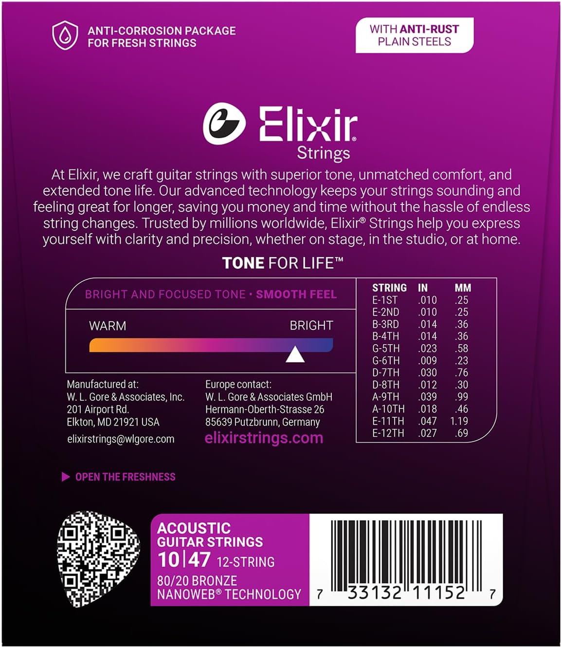 JUEGO DE CUERDAS PARA GUITARRA ACÚSTICA ELIXIR 80/20 BRONZE NANOWEB 12 CUERDAS 10-47 - 2