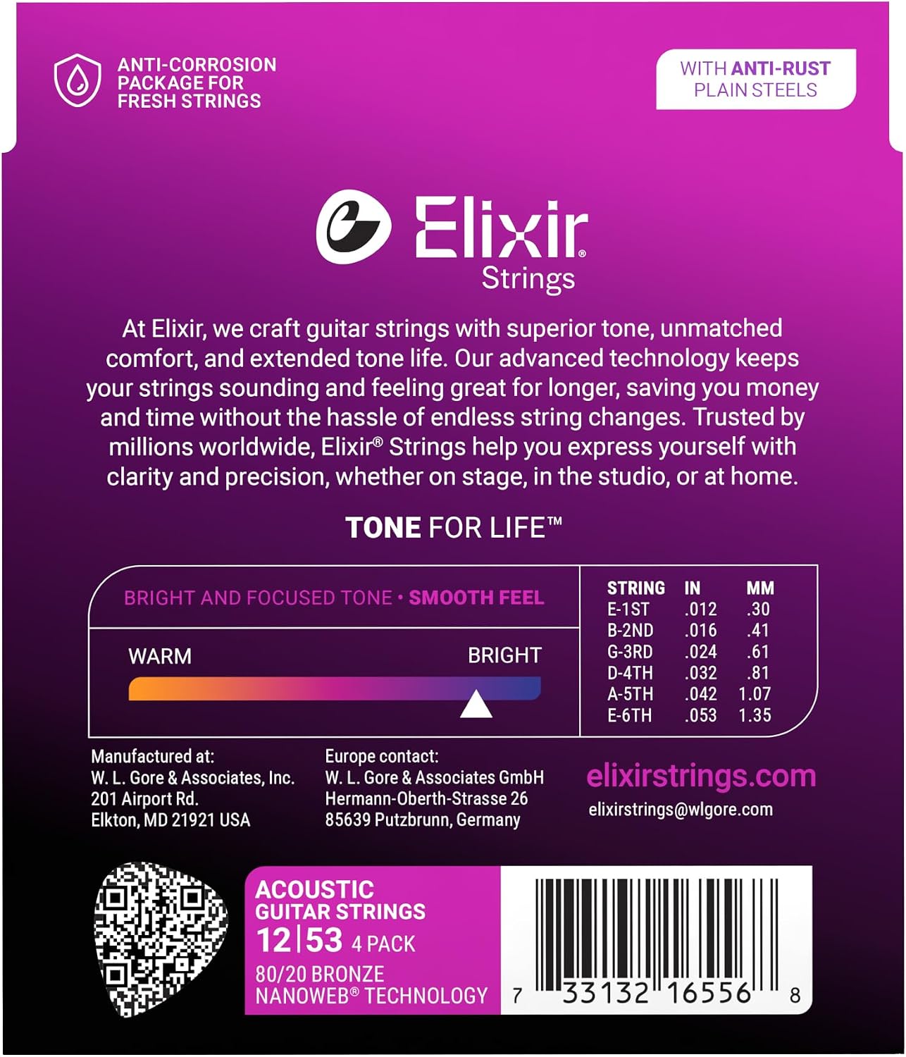 CUERDAS PARA GUITARRA ACÚSTICA ELIXIR 80/20 BRONZE NANOWEB LIGHT 12-53 PACK 4 - 2