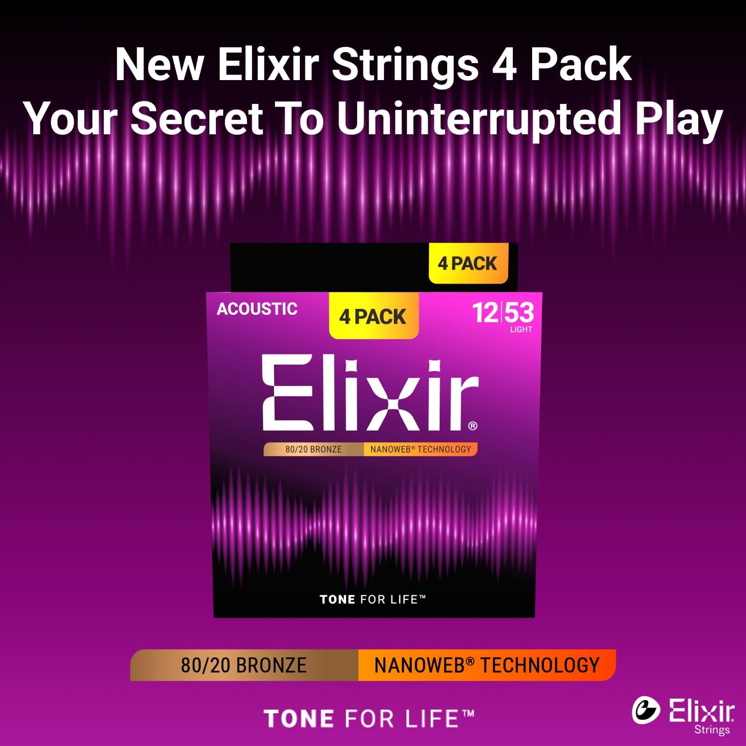 CUERDAS PARA GUITARRA ACÚSTICA ELIXIR 80/20 BRONZE NANOWEB LIGHT 12-53 PACK 4 - 3