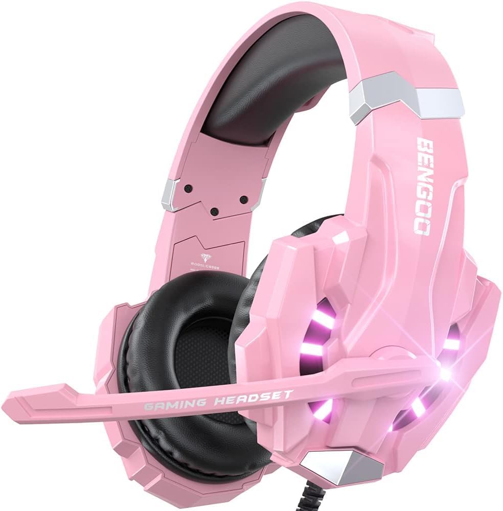 HEADSET GAMING BENGOO G9000 OVER-EAR CON MICRÓFONO FLEXIBLE ROSA - 1