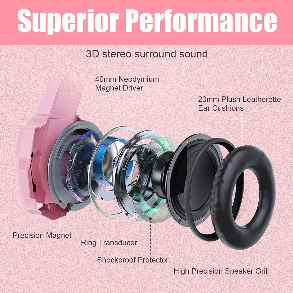 HEADSET GAMING BENGOO G9000 OVER-EAR CON MICRÓFONO FLEXIBLE ROSA - 2