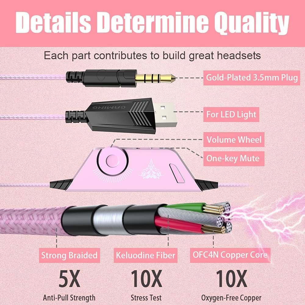 HEADSET GAMING BENGOO G9000 OVER-EAR CON MICRÓFONO FLEXIBLE ROSA - 4