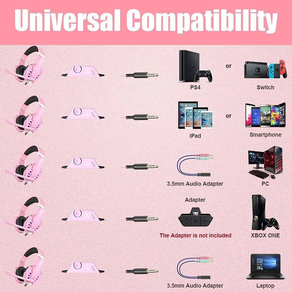 HEADSET GAMING BENGOO G9000 OVER-EAR CON MICRÓFONO FLEXIBLE ROSA - 5