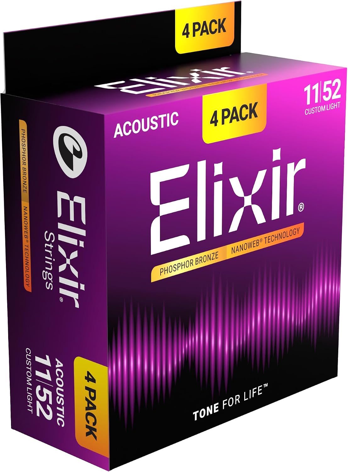CUERDAS PARA GUITARRA ACÚSTICA ELIXIR PHOSPHOR BRONZE NANOWEB CUSTOM LIGHT 11-52 PACK 4 - 1
