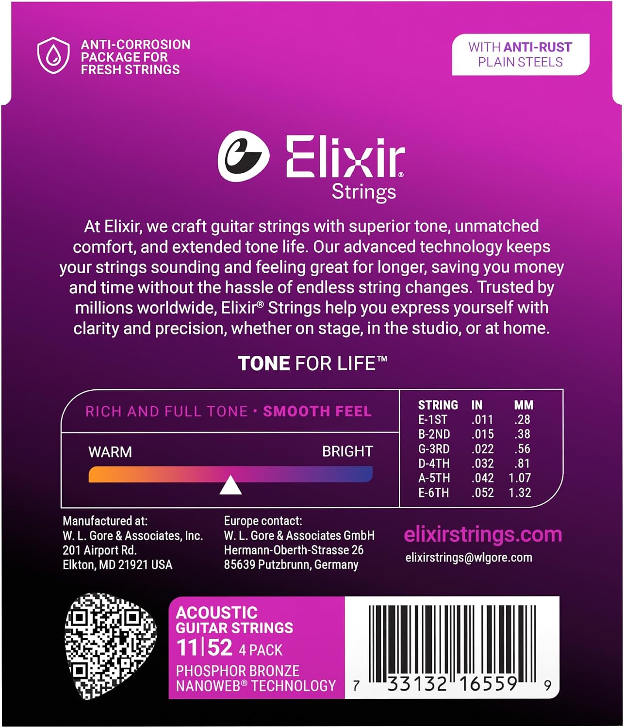 CUERDAS PARA GUITARRA ACÚSTICA ELIXIR PHOSPHOR BRONZE NANOWEB CUSTOM LIGHT 11-52 PACK 4 - 2