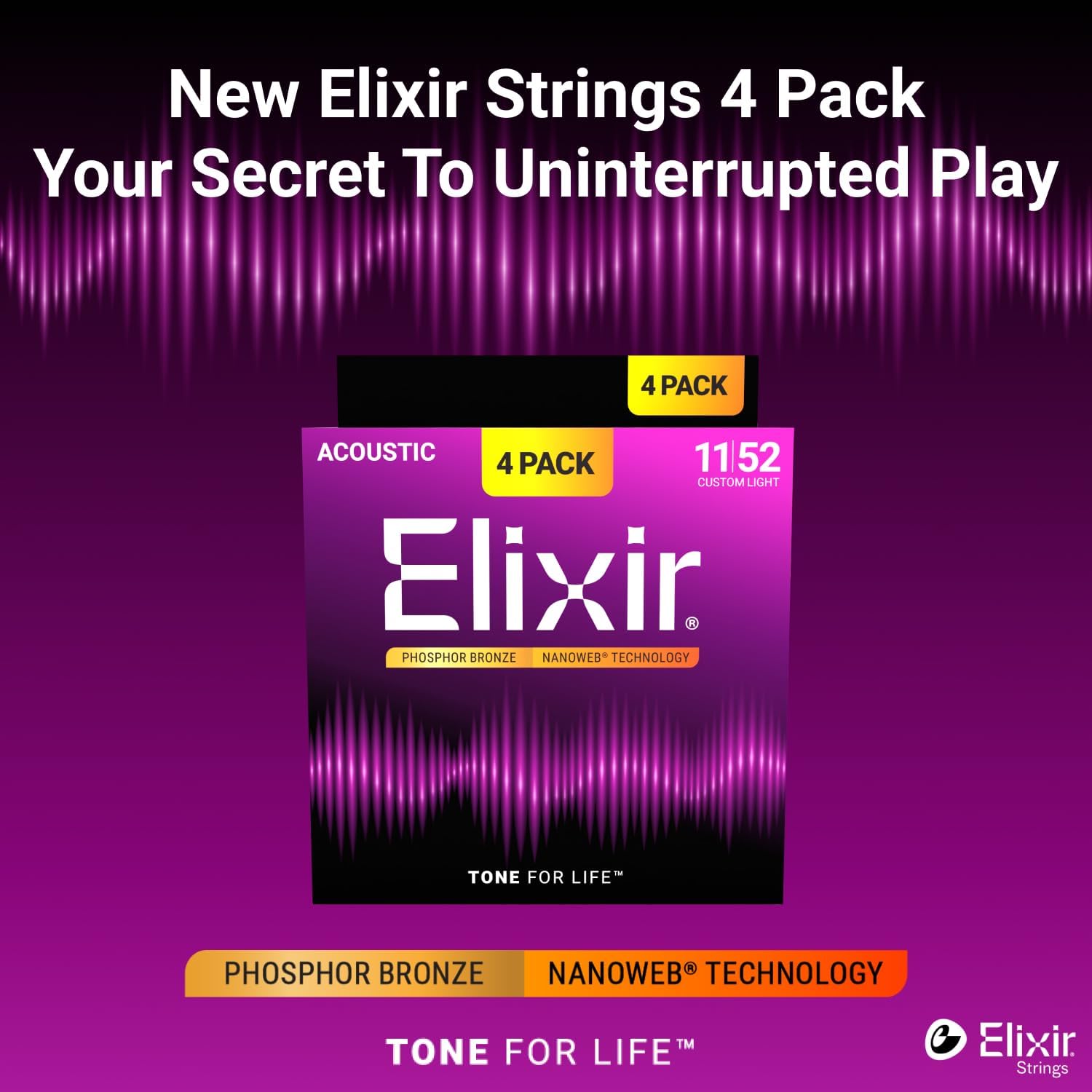 CUERDAS PARA GUITARRA ACÚSTICA ELIXIR PHOSPHOR BRONZE NANOWEB CUSTOM LIGHT 11-52 PACK 4 - 3