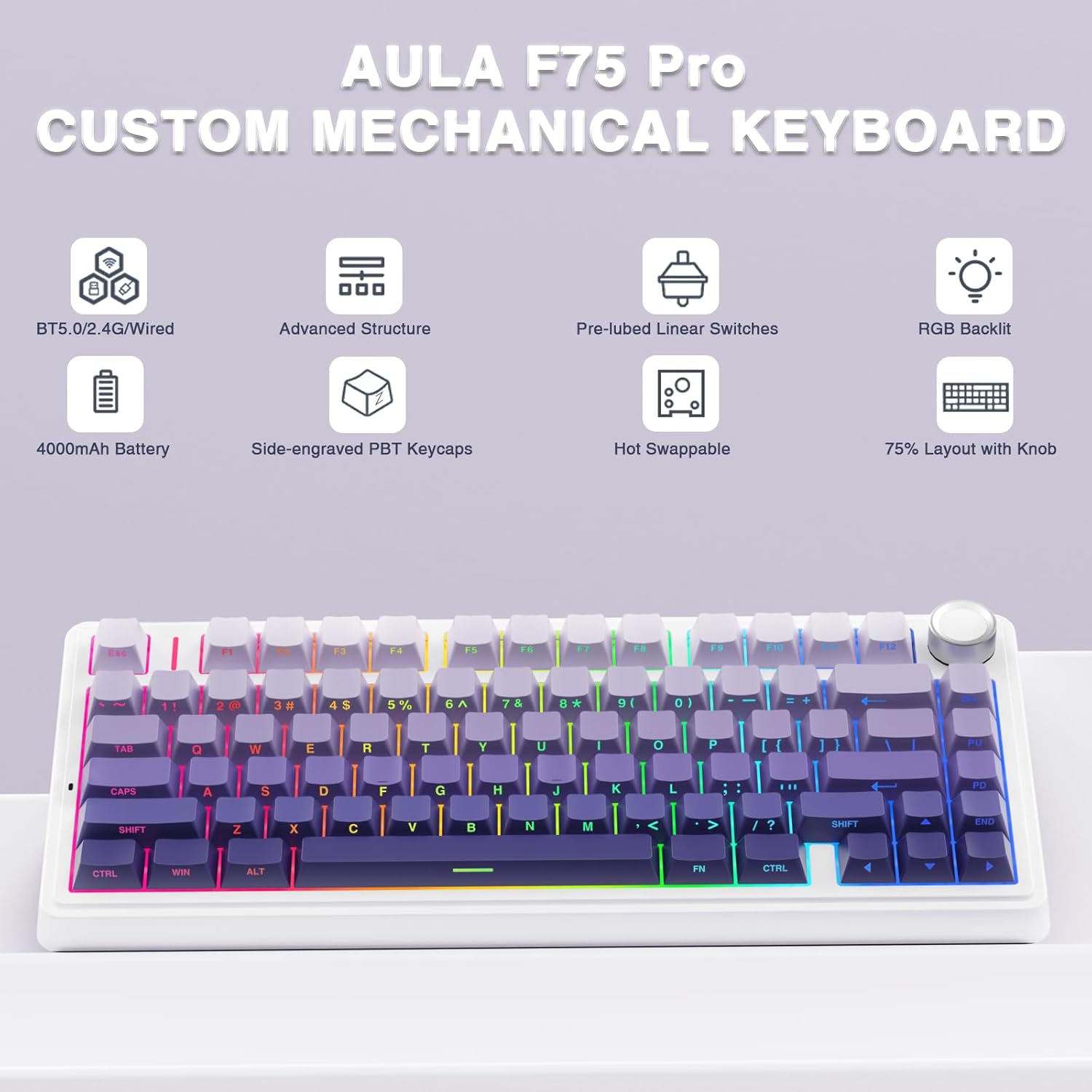 TECLADO MECÁNICO AULA F75 PRO INALÁMBRICO 75% RGB PÚRPURA DEGRADADO - 2