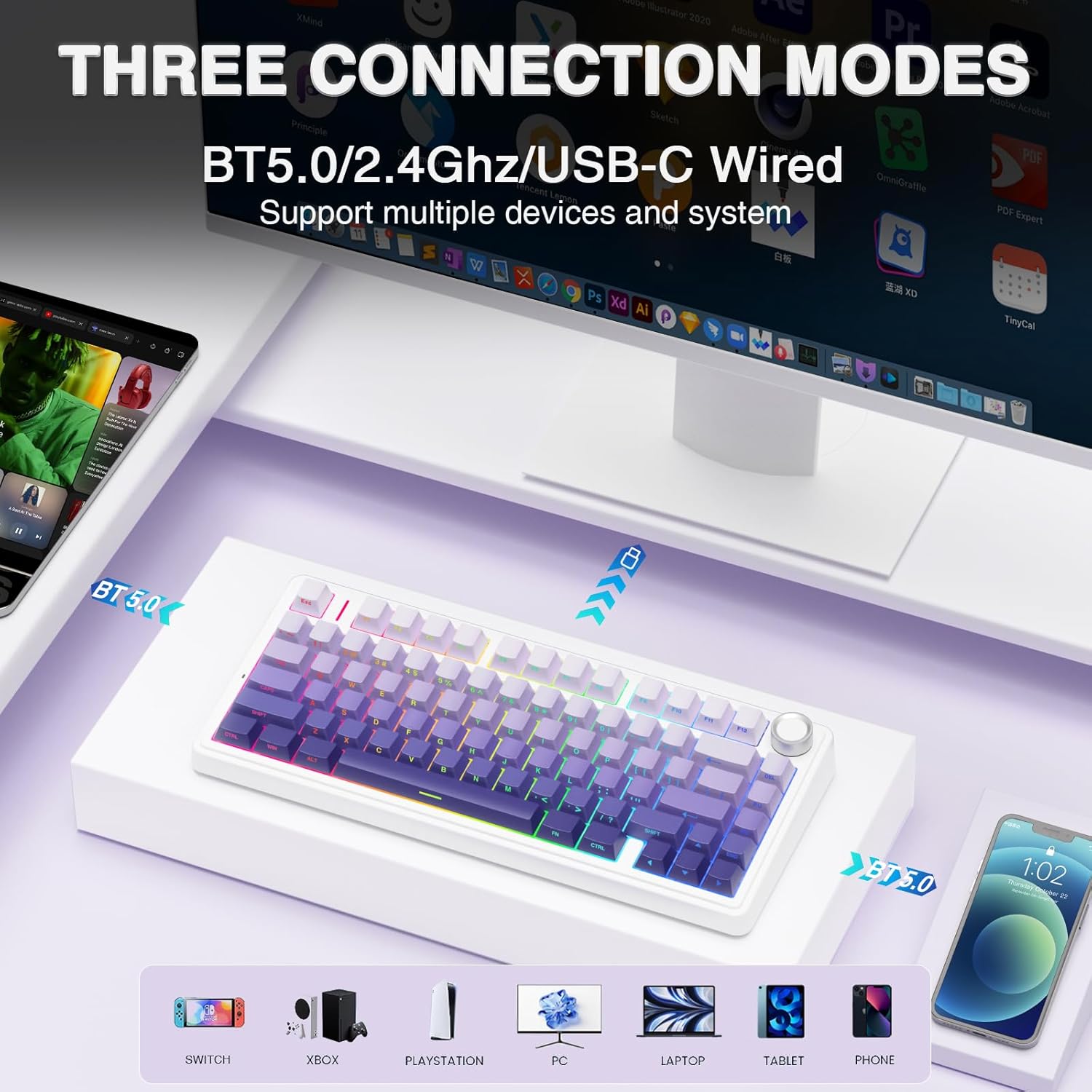 TECLADO MECÁNICO AULA F75 PRO INALÁMBRICO 75% RGB PÚRPURA DEGRADADO - 3