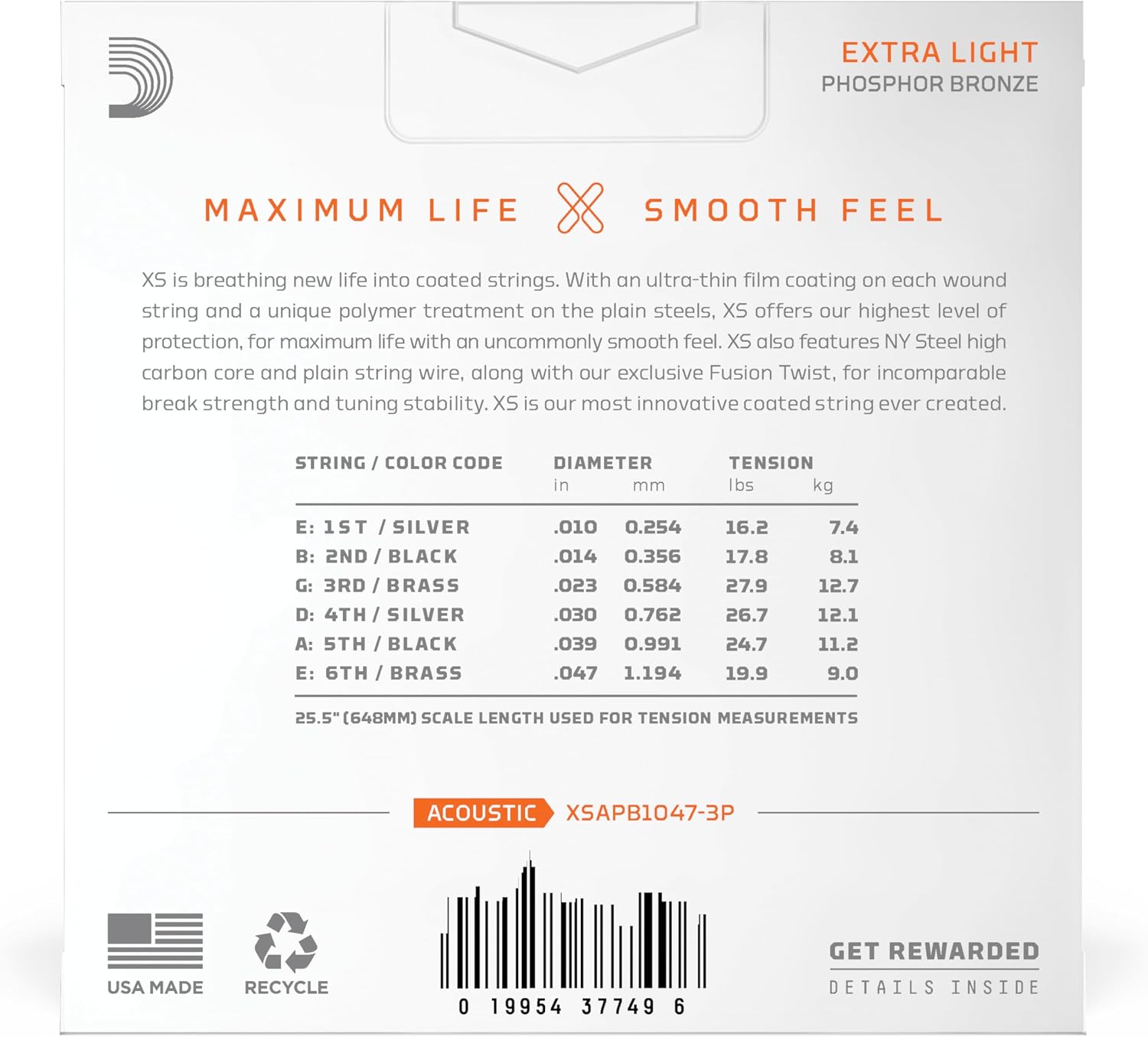 CUERDAS PARA GUITARRA ACÚSTICA D'ADDARIO XS PHOSPHOR BRONZE 10-47, 3 JUEGOS - 2