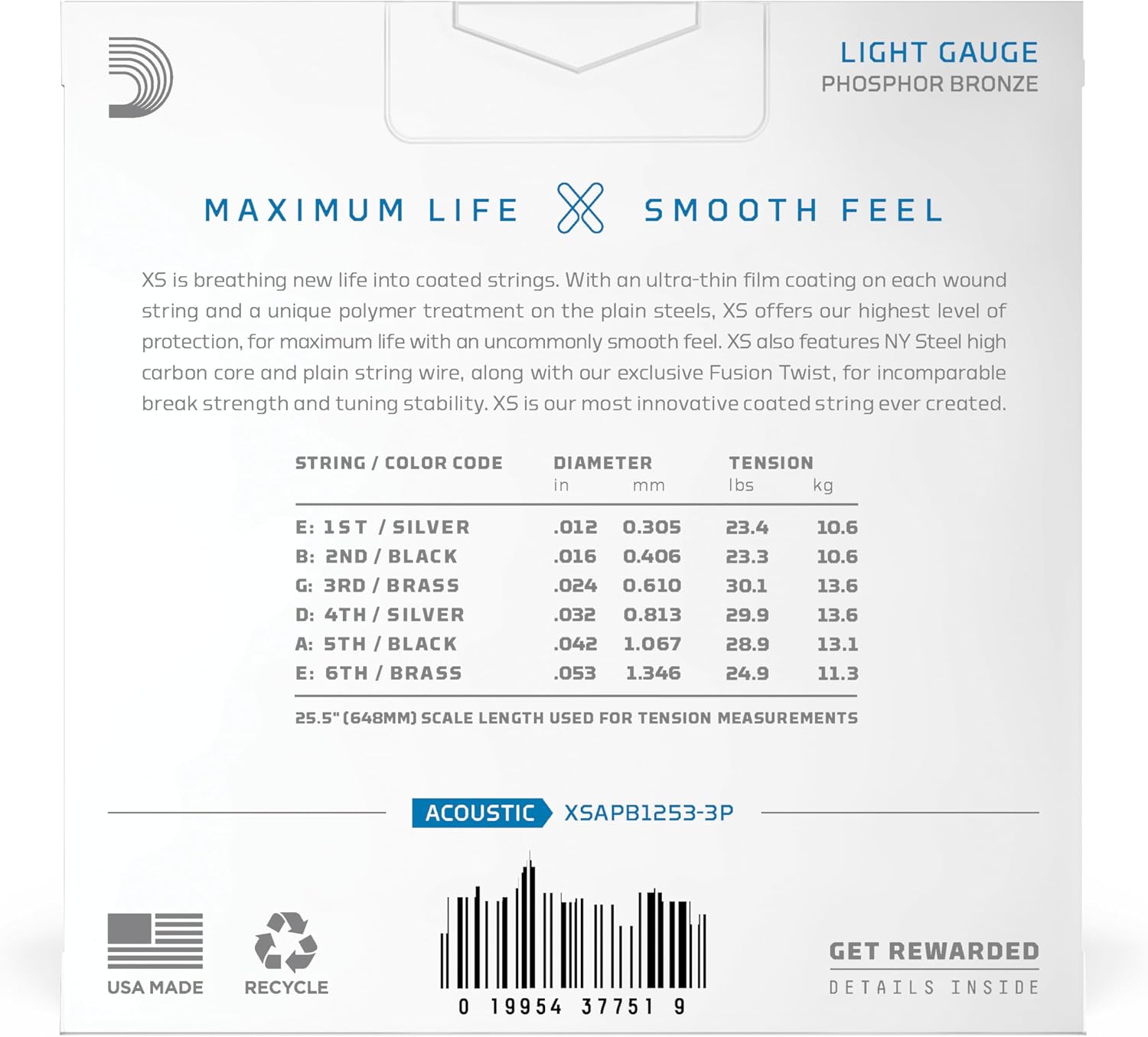 CUERDAS PARA GUITARRA ACÚSTICA D'ADDARIO XS PHOSPHOR BRONZE 12-53, 3 JUEGOS - 2