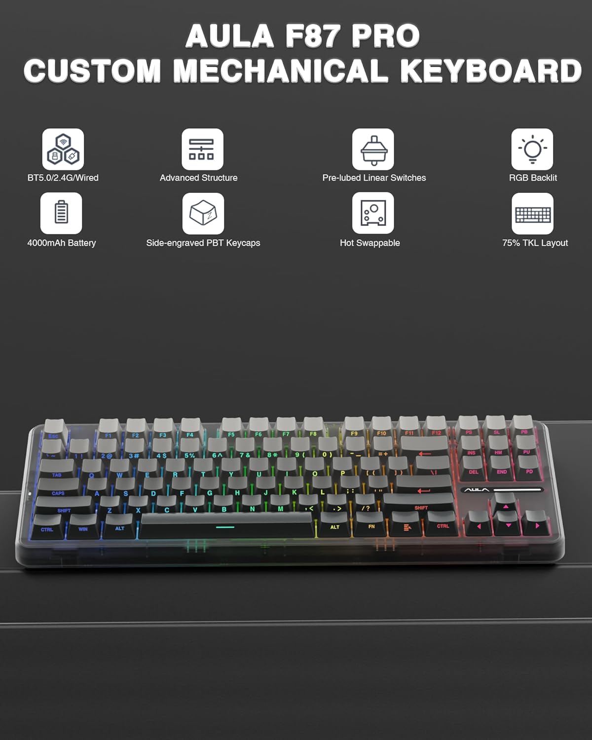 TECLADO MECÁNICO AULA F87 PRO INALÁMBRICO 75% TKL RGB - 2