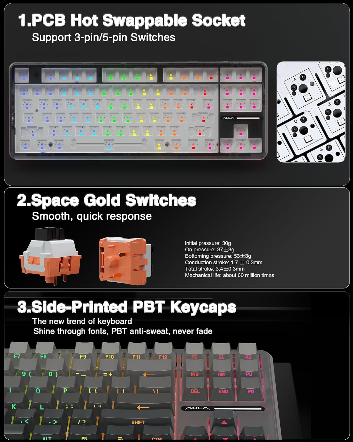 TECLADO MECÁNICO AULA F87 PRO INALÁMBRICO 75% TKL RGB - 5