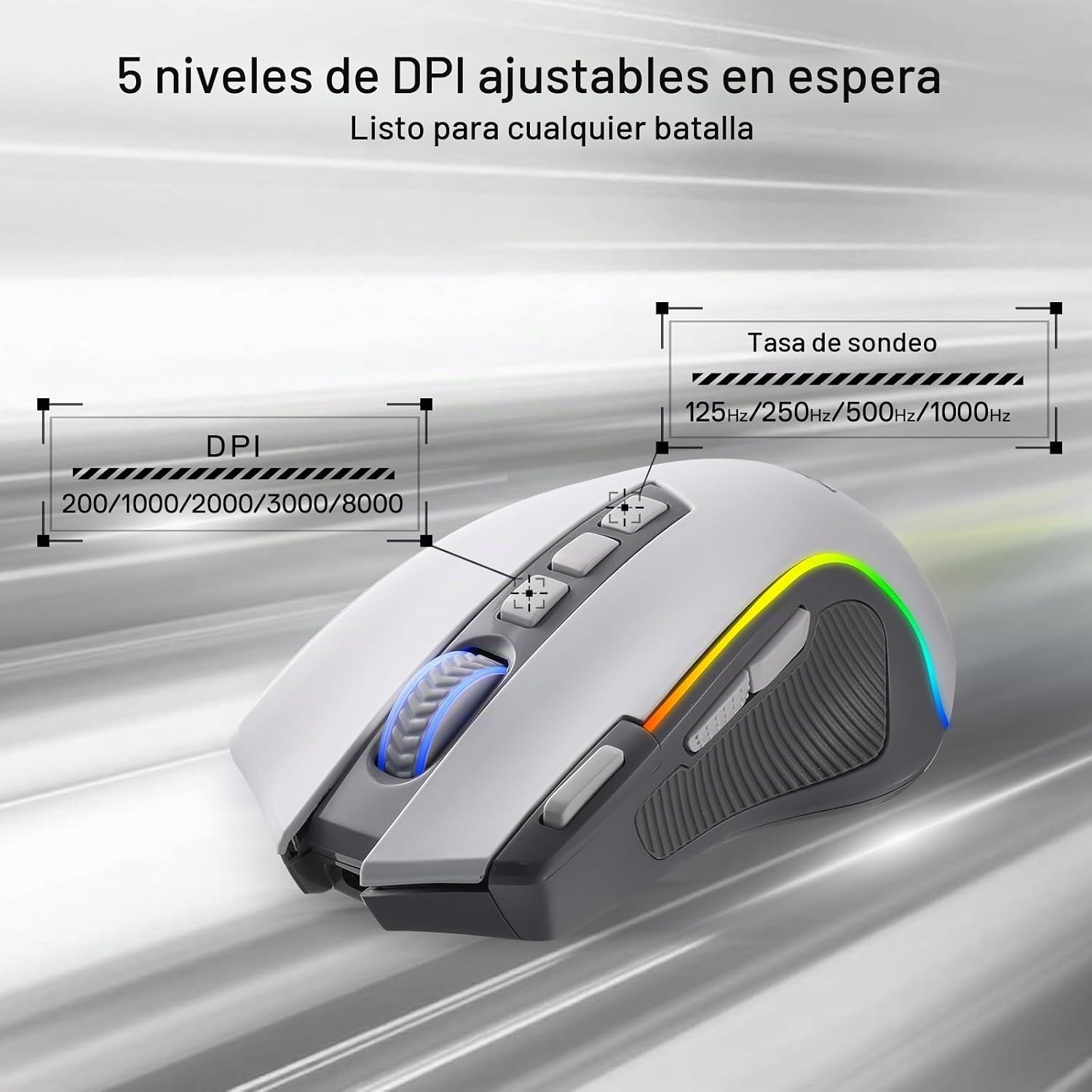 MOUSE GAMER REDRAGON M612 WIRELESS RGB ÓPTICO 8000 DPI - 3
