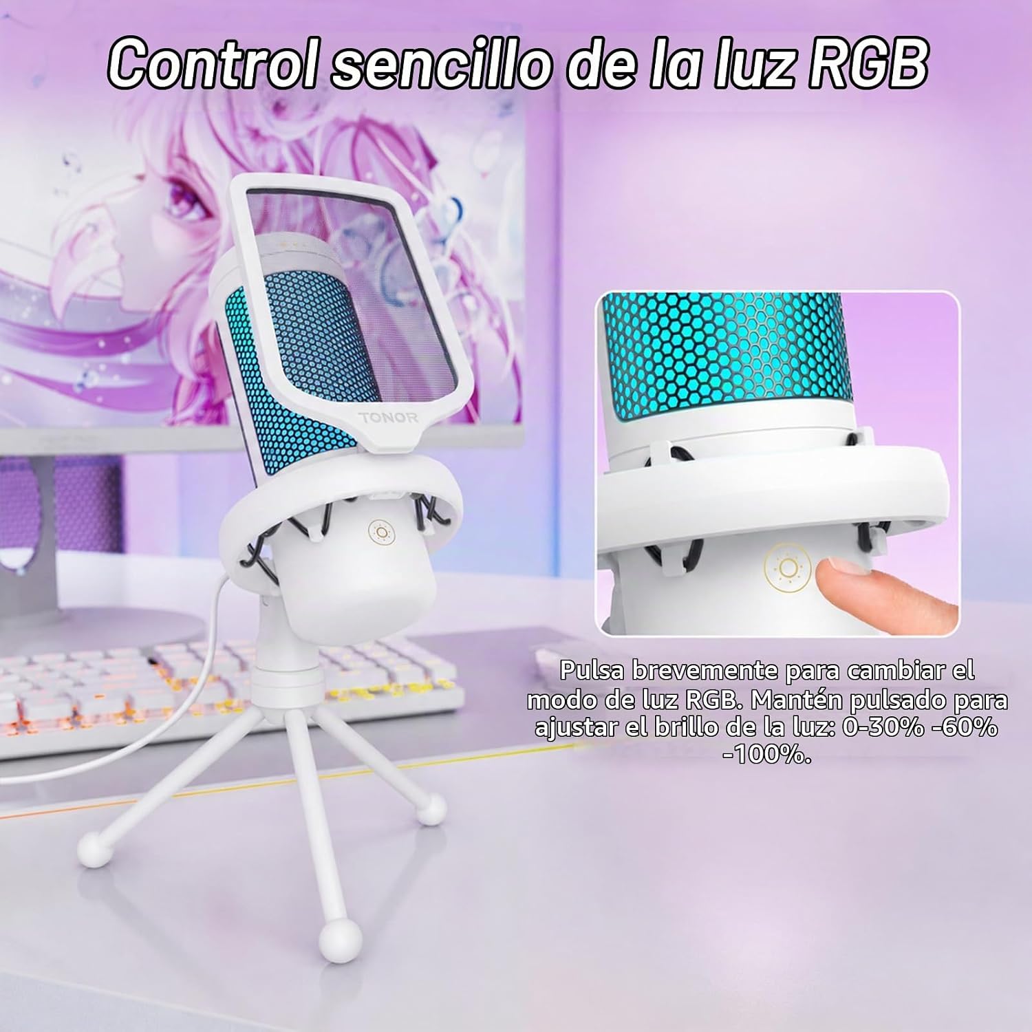 MICRÓFONO TONOR GAMING TC310 USB CARDIOID CONDENSER RGB BLANCO - 4