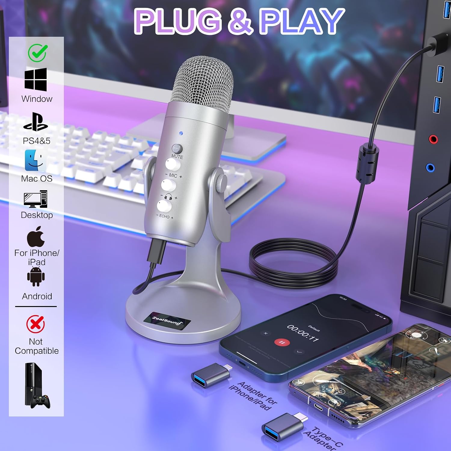 MICRÓFONO USB ZEALSOUND K66 PODCAST CONDENSADOR PLATA - 2