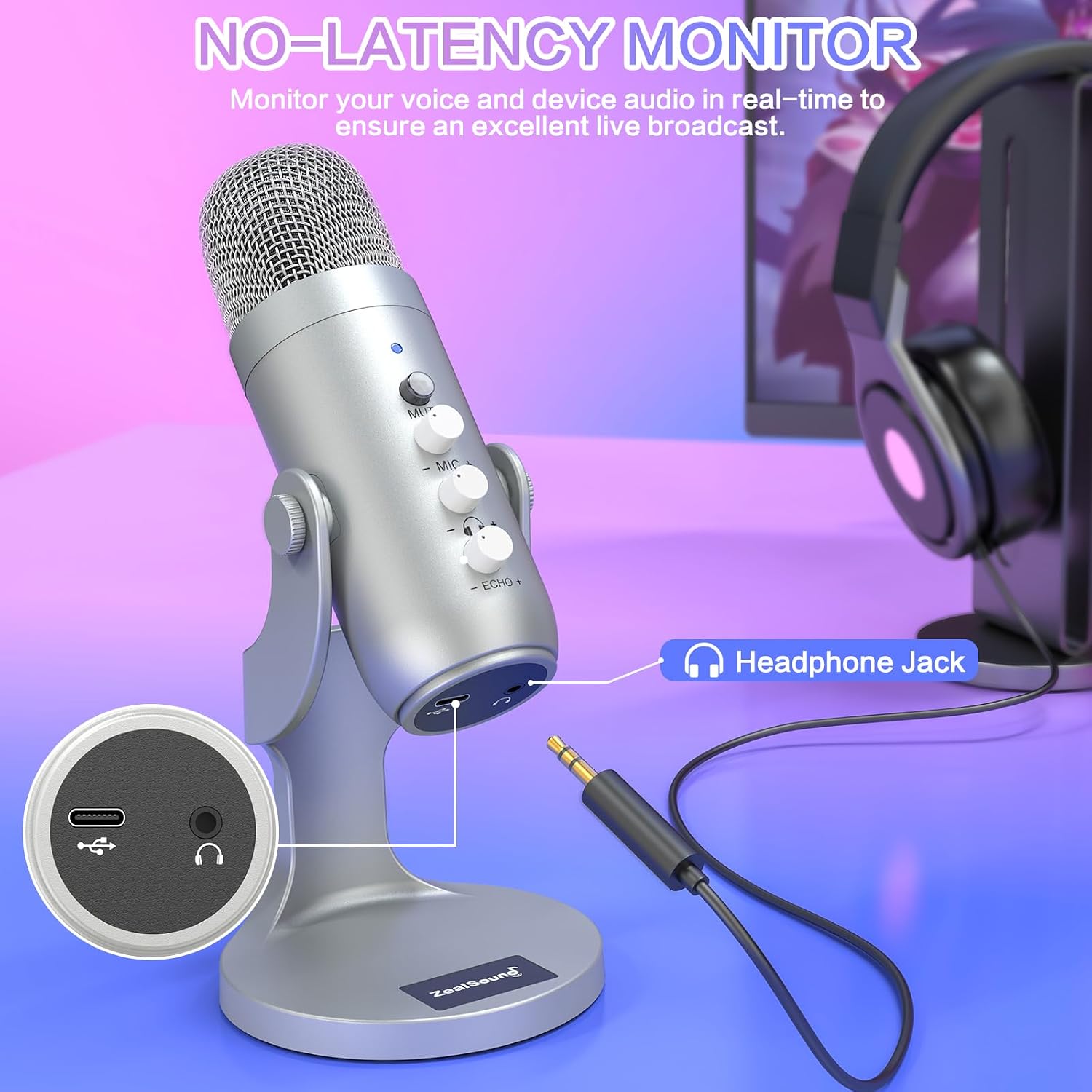 MICRÓFONO USB ZEALSOUND K66 PODCAST CONDENSADOR PLATA - 3