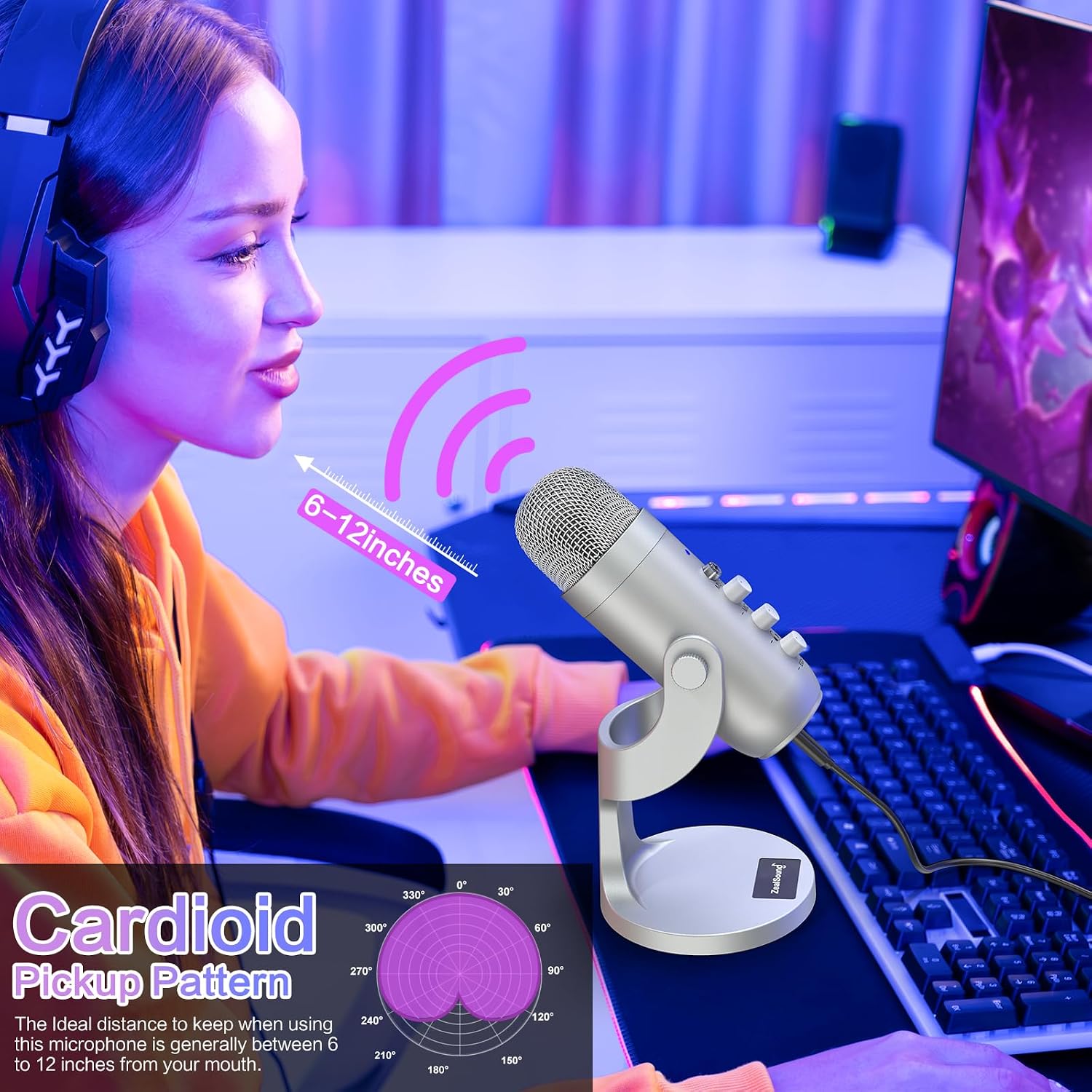 MICRÓFONO USB ZEALSOUND K66 PODCAST CONDENSADOR PLATA - 4