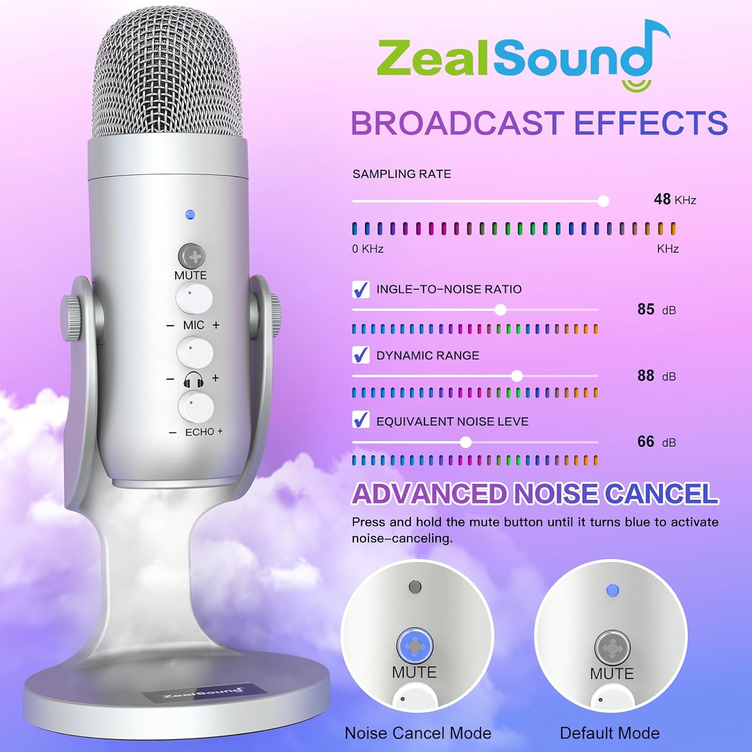 MICRÓFONO USB ZEALSOUND K66 PODCAST CONDENSADOR PLATA - 5