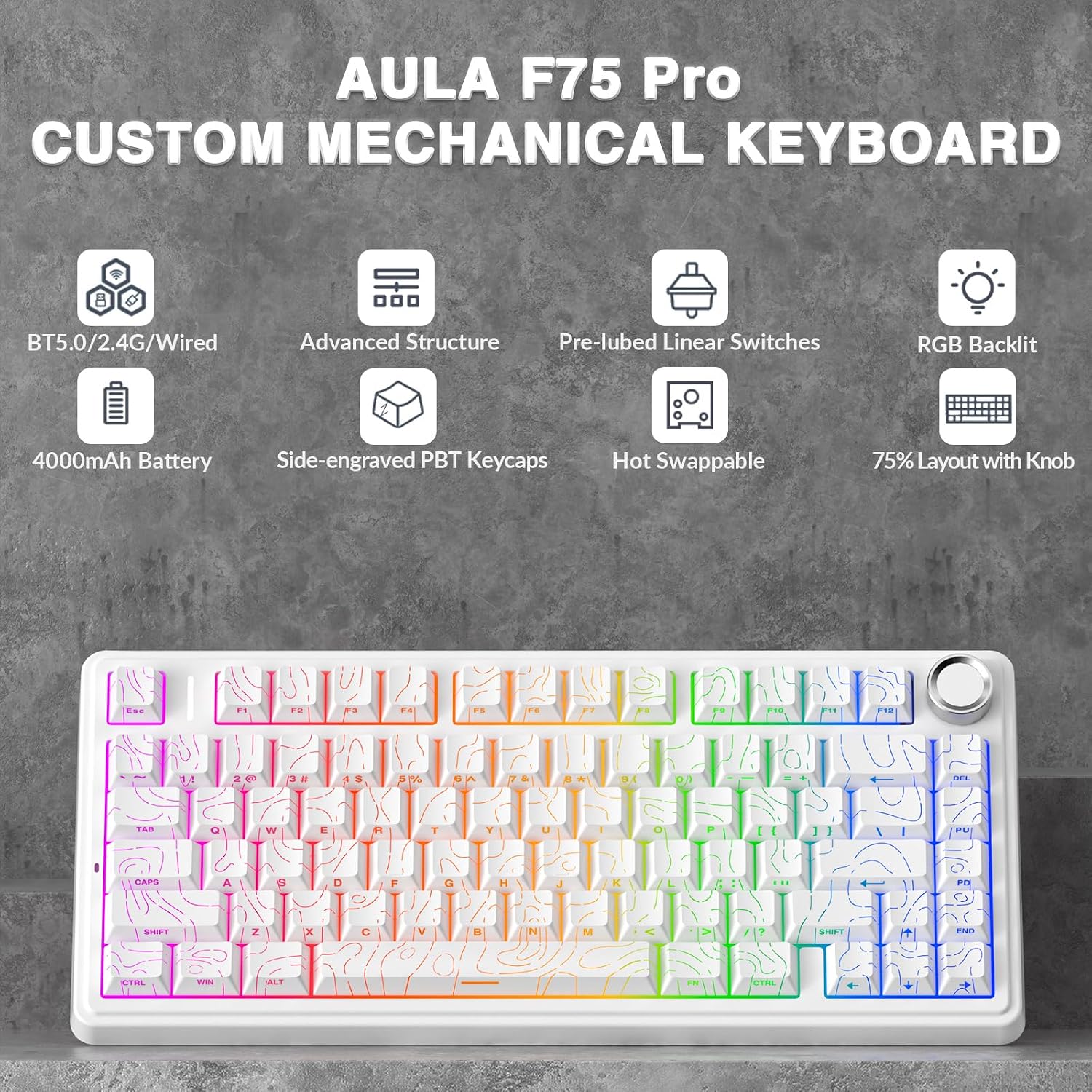 TECLADO MECÁNICO AULA F75 PRO INALÁMBRICO 75% BLANCO CON KNOB - 2
