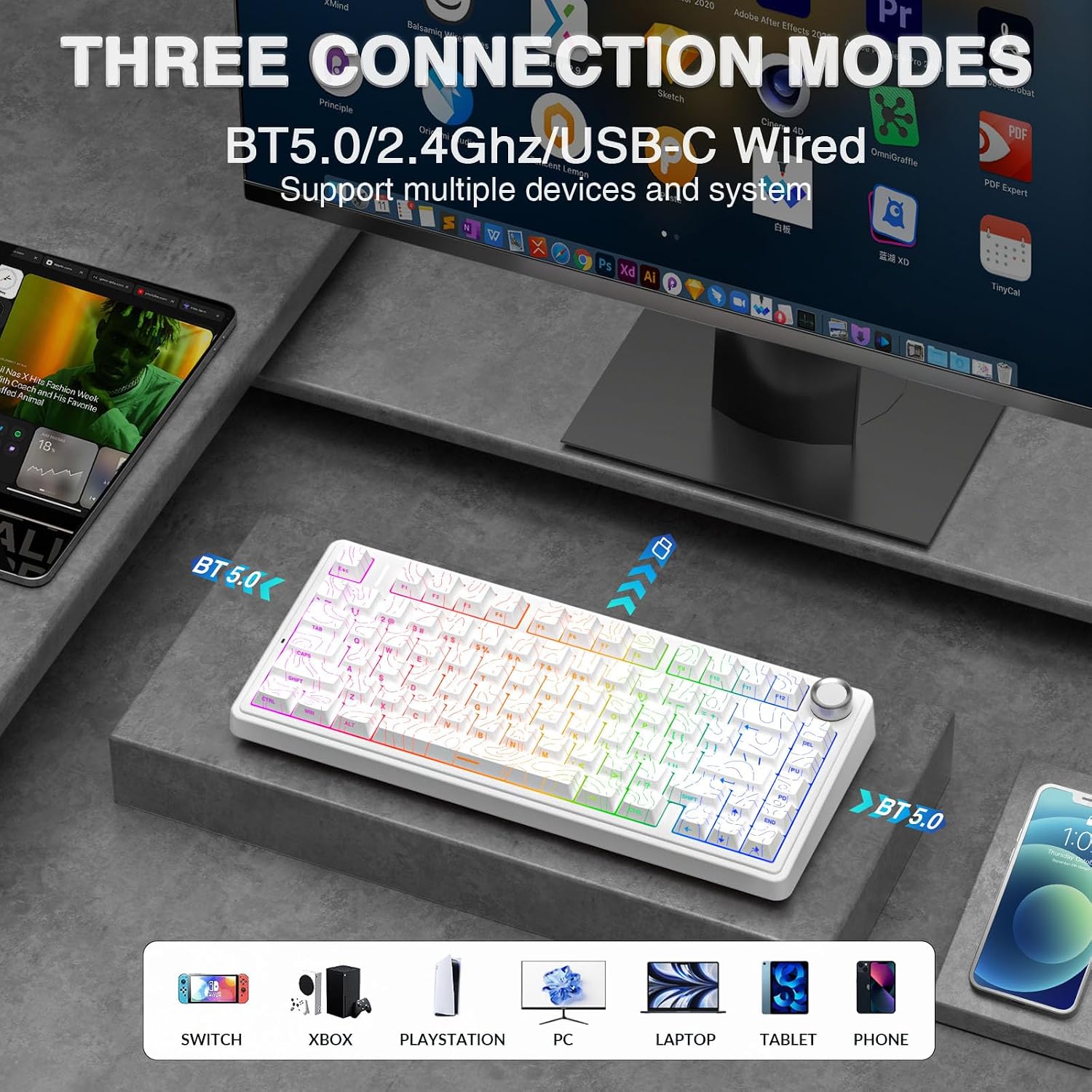 TECLADO MECÁNICO AULA F75 PRO INALÁMBRICO 75% BLANCO CON KNOB - 3