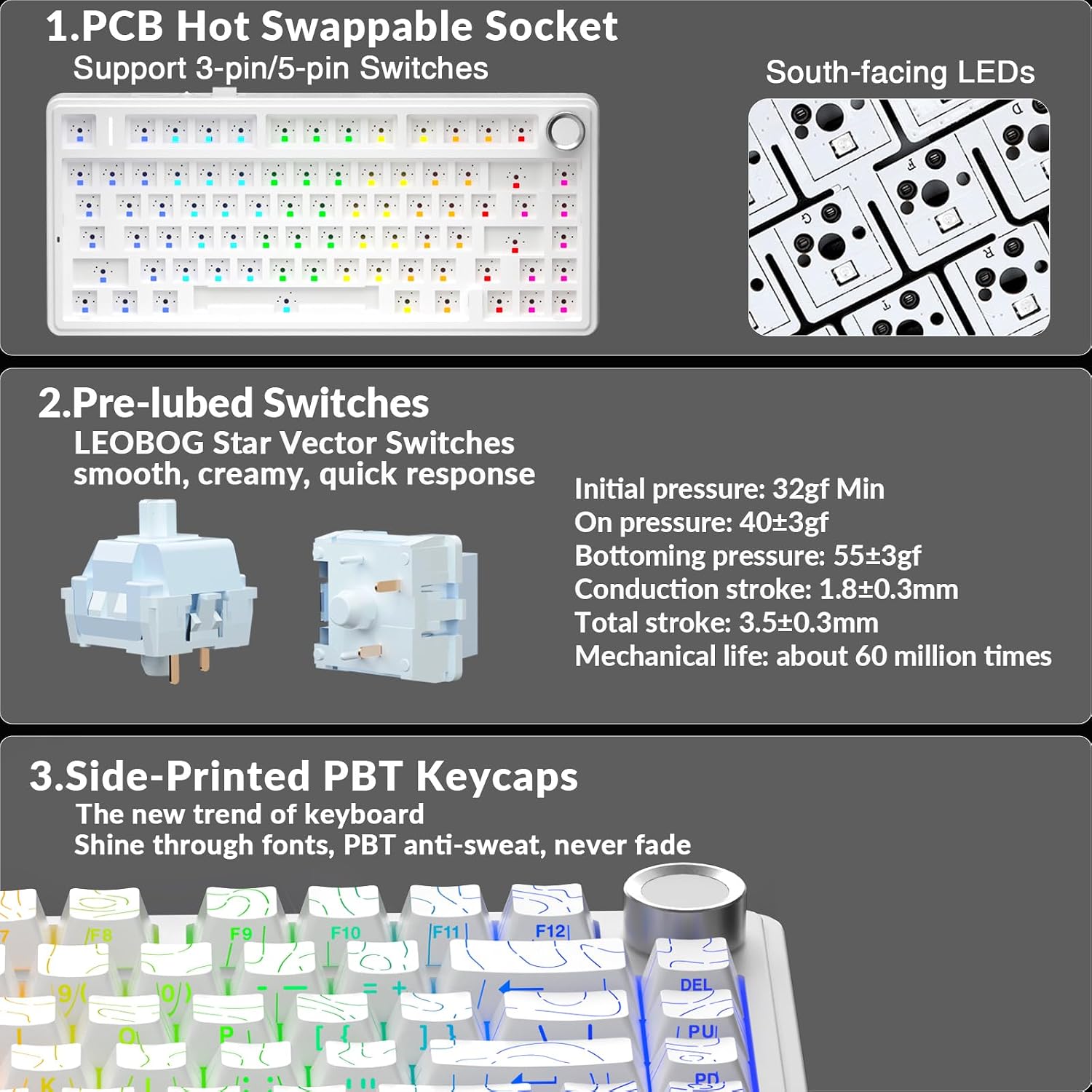 TECLADO MECÁNICO AULA F75 PRO INALÁMBRICO 75% BLANCO CON KNOB - 4