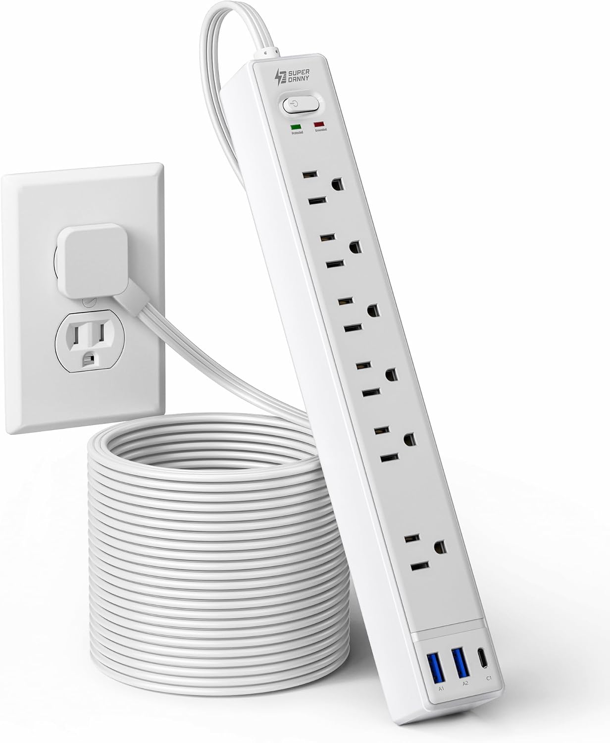 REGLETA DE EXTENSIÓN 15 PIES SUPERDANNY CON PROTECTOR DE SOBRETENSIÓN Y PUERTOS USB - 1
