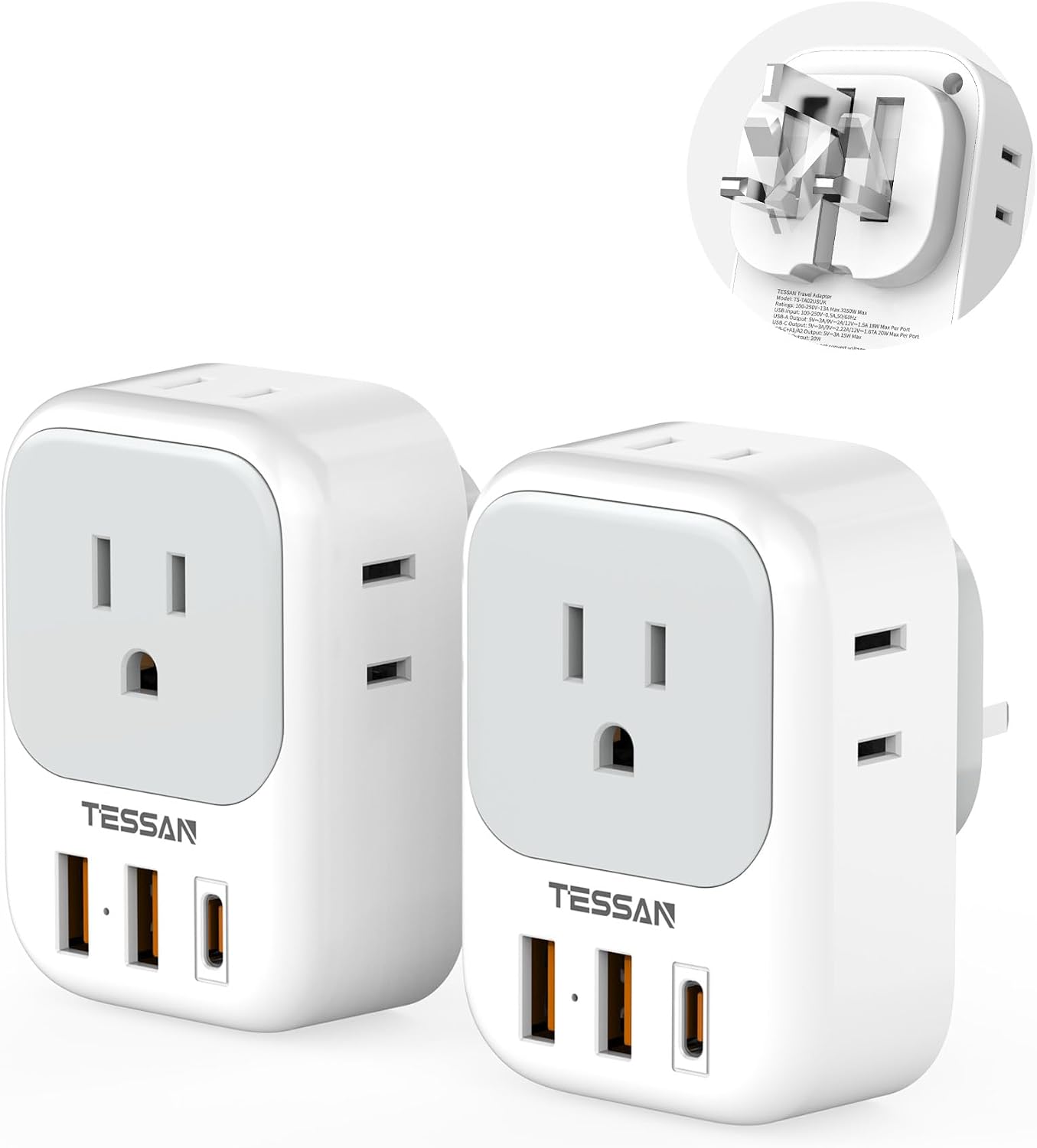 ADAPTADOR DE ENCHUFE TESSAN UK A US, PLEGABLE CON 4 SALIDAS AC Y 3 PUERTOS USB, 20W - 1