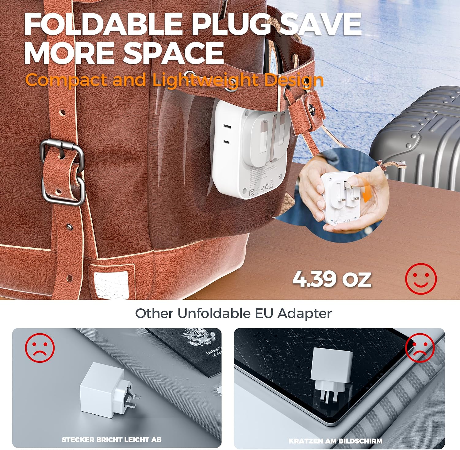 ADAPTADOR DE ENCHUFE TESSAN UK A US, PLEGABLE CON 4 SALIDAS AC Y 3 PUERTOS USB, 20W - 2