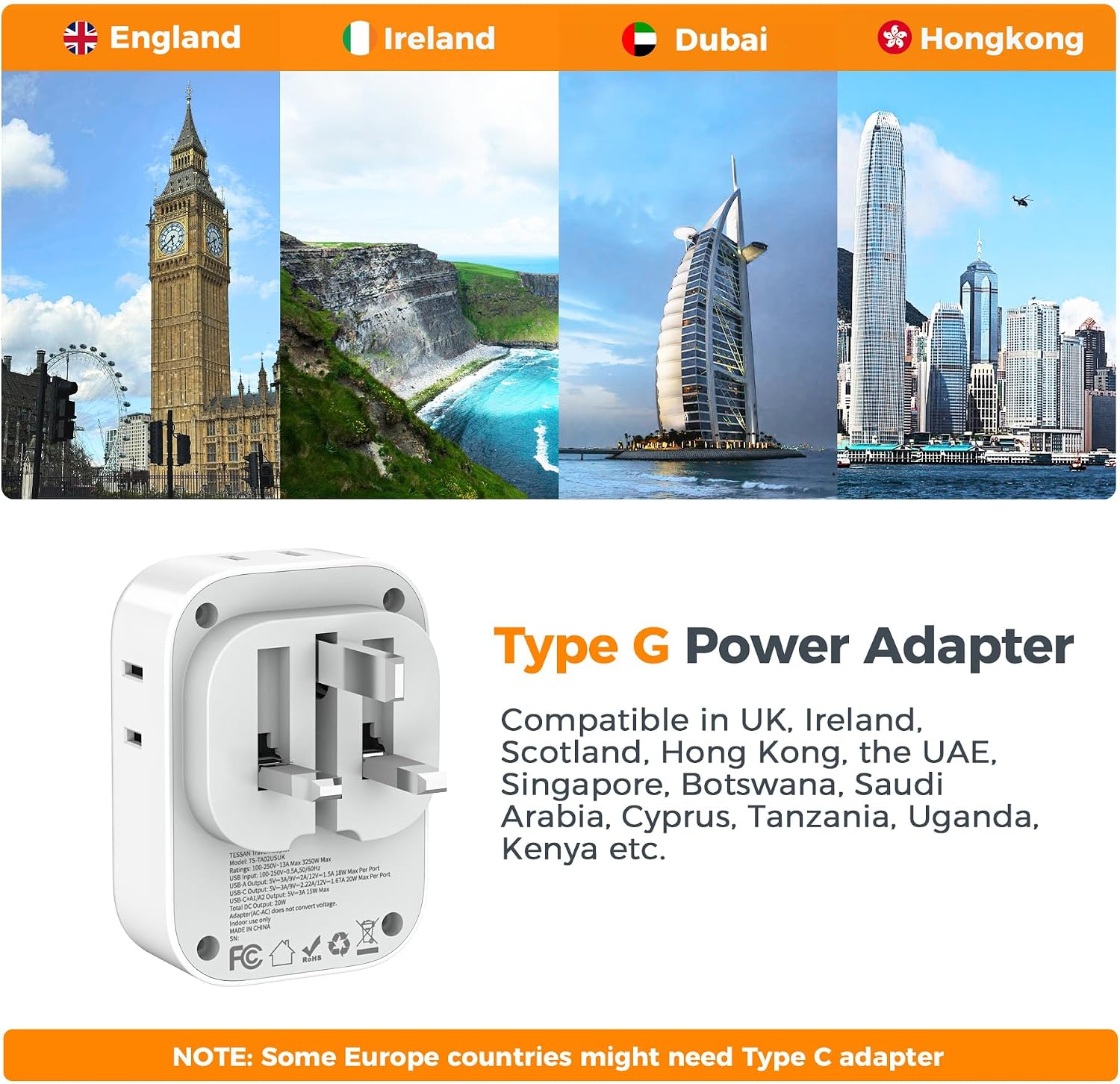 ADAPTADOR DE ENCHUFE TESSAN UK A US, PLEGABLE CON 4 SALIDAS AC Y 3 PUERTOS USB, 20W - 3