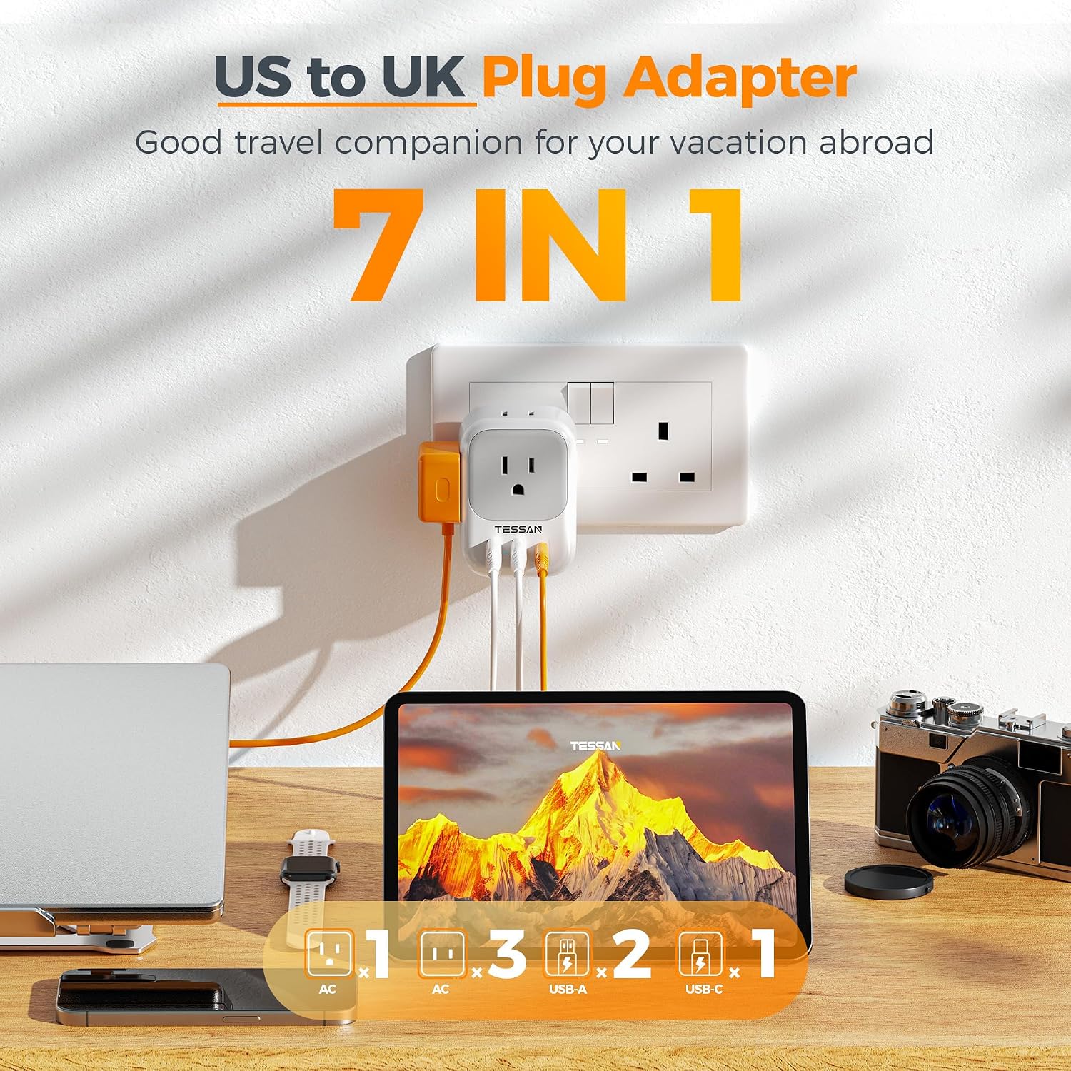 ADAPTADOR DE ENCHUFE TESSAN UK A US, PLEGABLE CON 4 SALIDAS AC Y 3 PUERTOS USB, 20W - 4