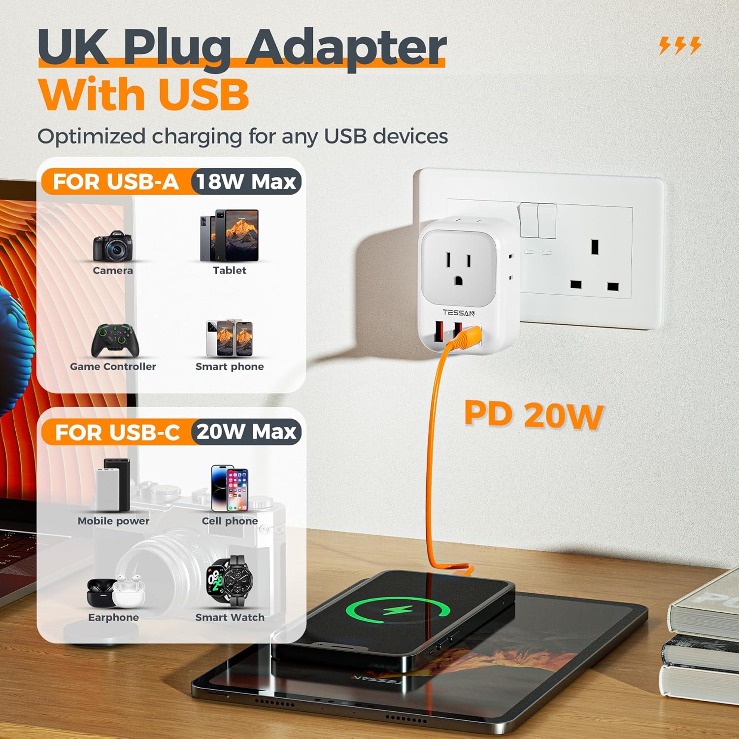 ADAPTADOR DE ENCHUFE TESSAN UK A US, PLEGABLE CON 4 SALIDAS AC Y 3 PUERTOS USB, 20W - 5